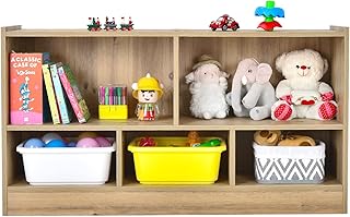 KOTEK Toy Storage Organizer, 5 Cubby Kids Bookshelf, Wooden 3-Tier Bookcase Storage Cabinet, Open Display Book Shelf for Daycare, Nursery, School Classroom, Playroom, Living Room & Bedroom (Natural)