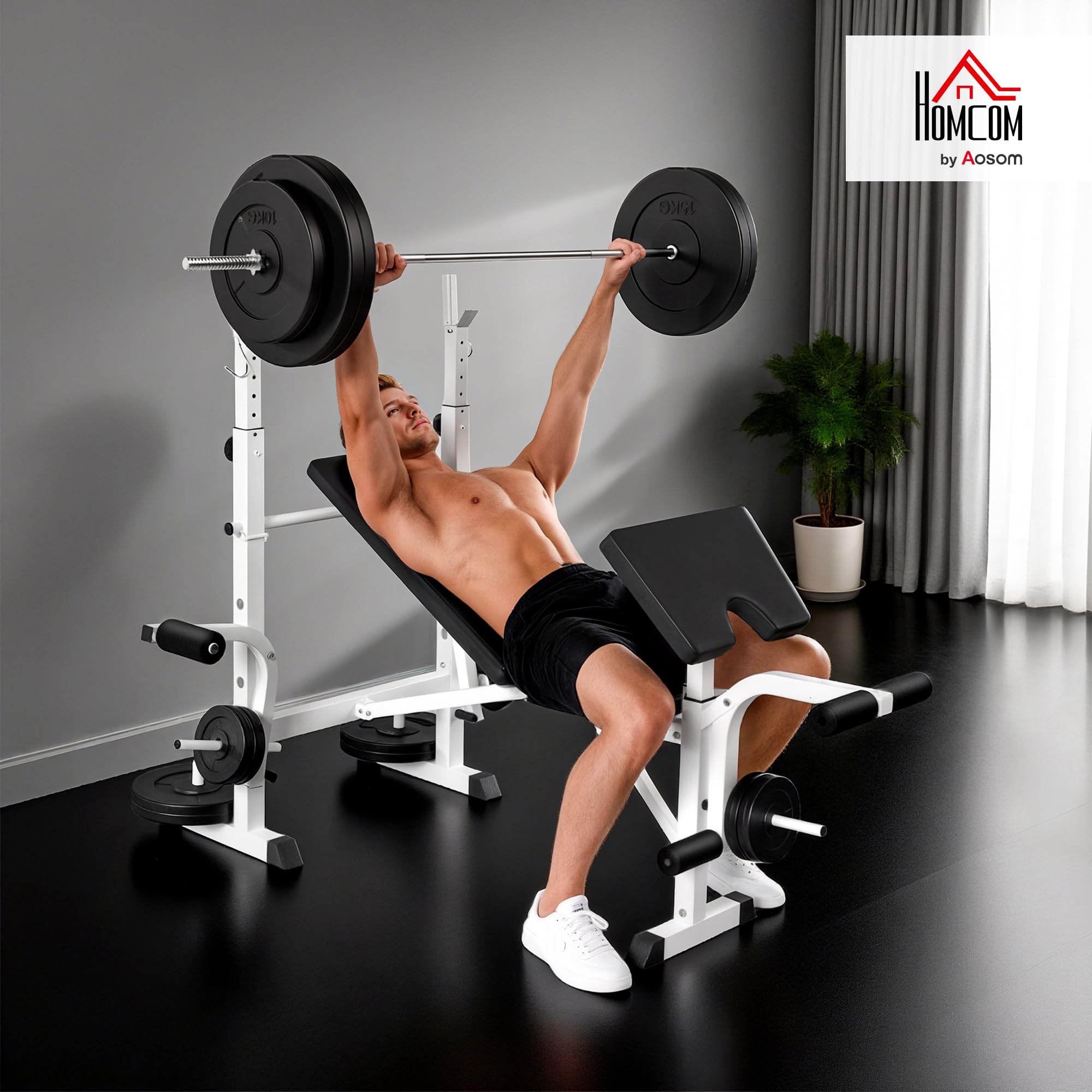 HOMCOM Banco de Musculación Multifuncional Inclinable, Banco de Pesas, Press Banca con Soporte para Barra Ajustable, Extensión de Piernas, Curl de Predicador, Mariposa, Entrenamiento en Casa, Gimnasio