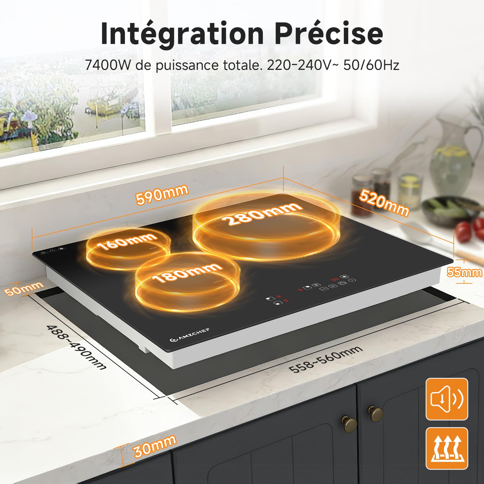AMZCHEF Plaque Induction 3 feux 7400W avec 9 Niveaux de Puissance et Fonction Boost, Sécurité
