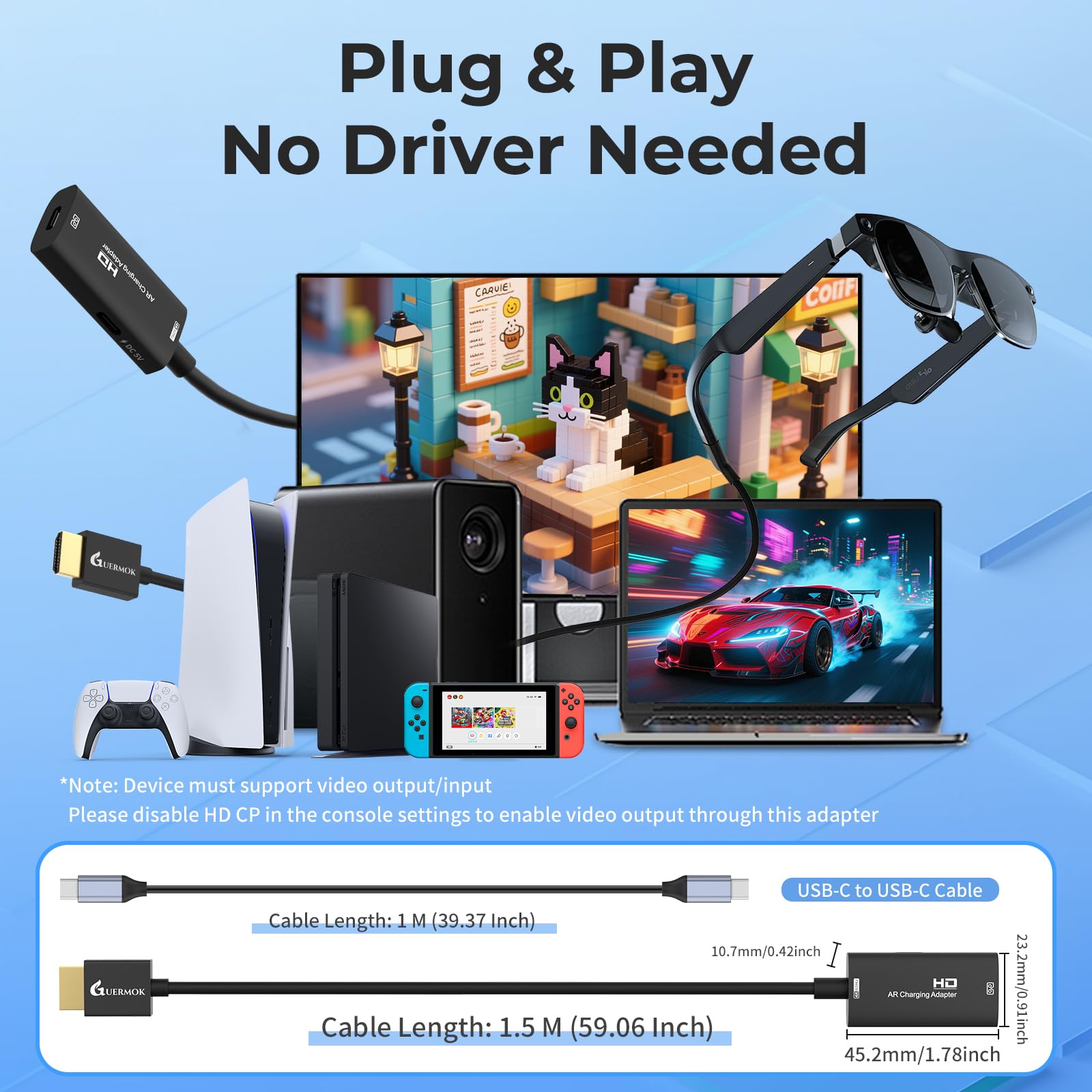 Guermok AR Glasses Adaptateur d'affichage HDMI vers USB-C, 1,5 m, 4K @ 60 Hz, convertisseur AR avec DC 5 V, pour X Real One/Air 2 Pro/Ray Neo/Rokid, Switch 2/1, PS 5/4, moniteurs Portables, Noir