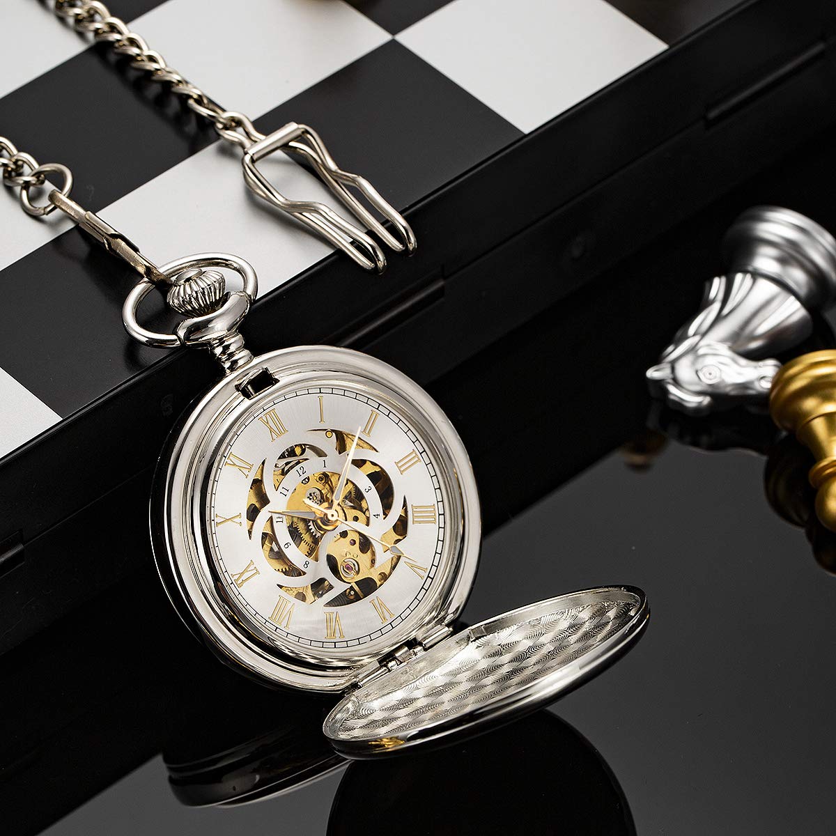 ManChDa Taschenuhr – Taschenuhr-Kette, doppelte Abdeckung, mechanische Taschenuhren für Herren, Steampunk-Skelett, antike römische Ziffern, Taschenuhr zum Aufziehen + Geschenkbox