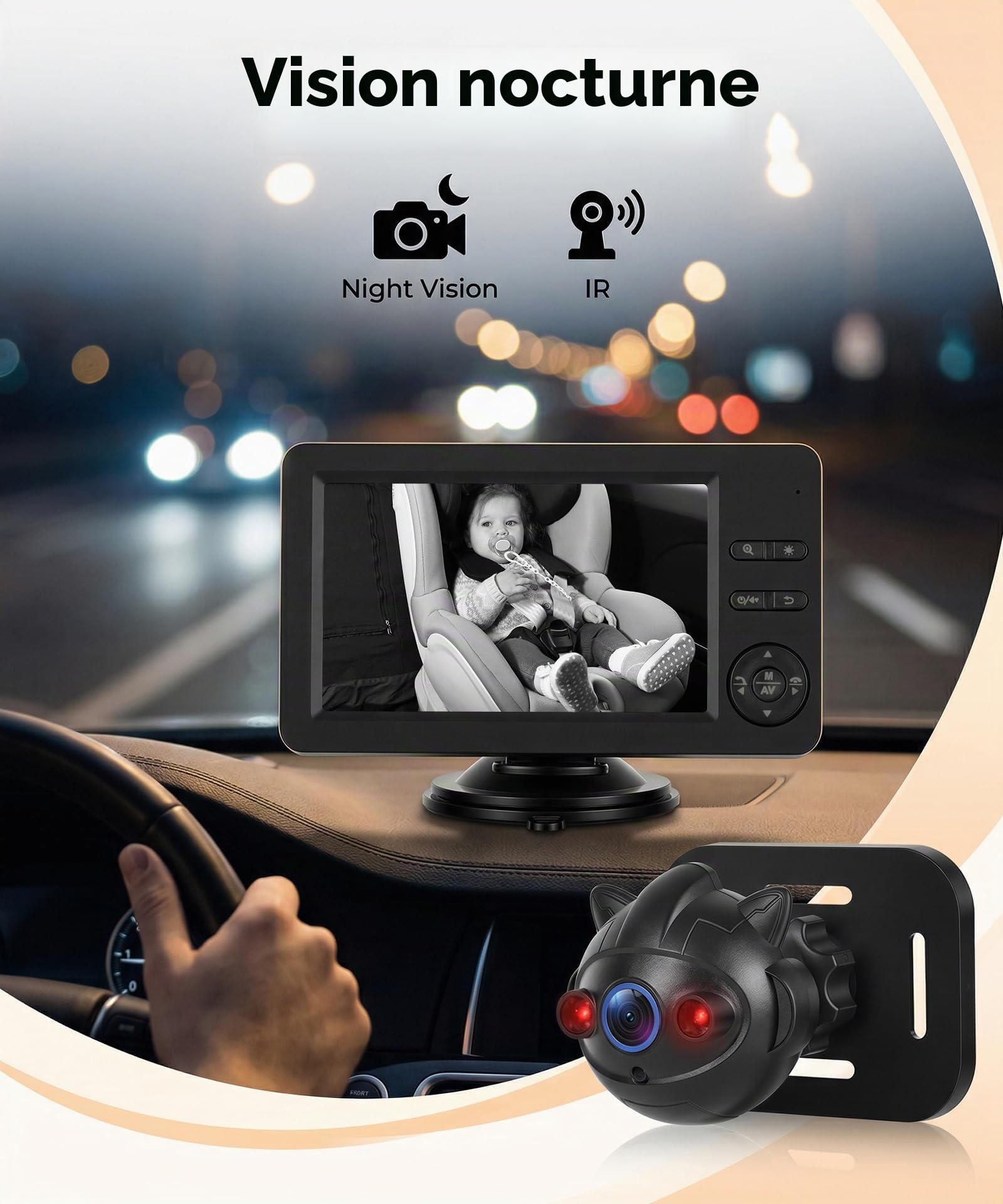 Rimoody Baby Caméra de Voiture pour Siège Arrière, Moniteur Miroir de Vue Arrière Bébé 4,3 Pouces IPS, Retroviseur Voiture Bebe Main Libre Bluetooth & Musique, Vision Nocturne, Lumières Sept Couleurs