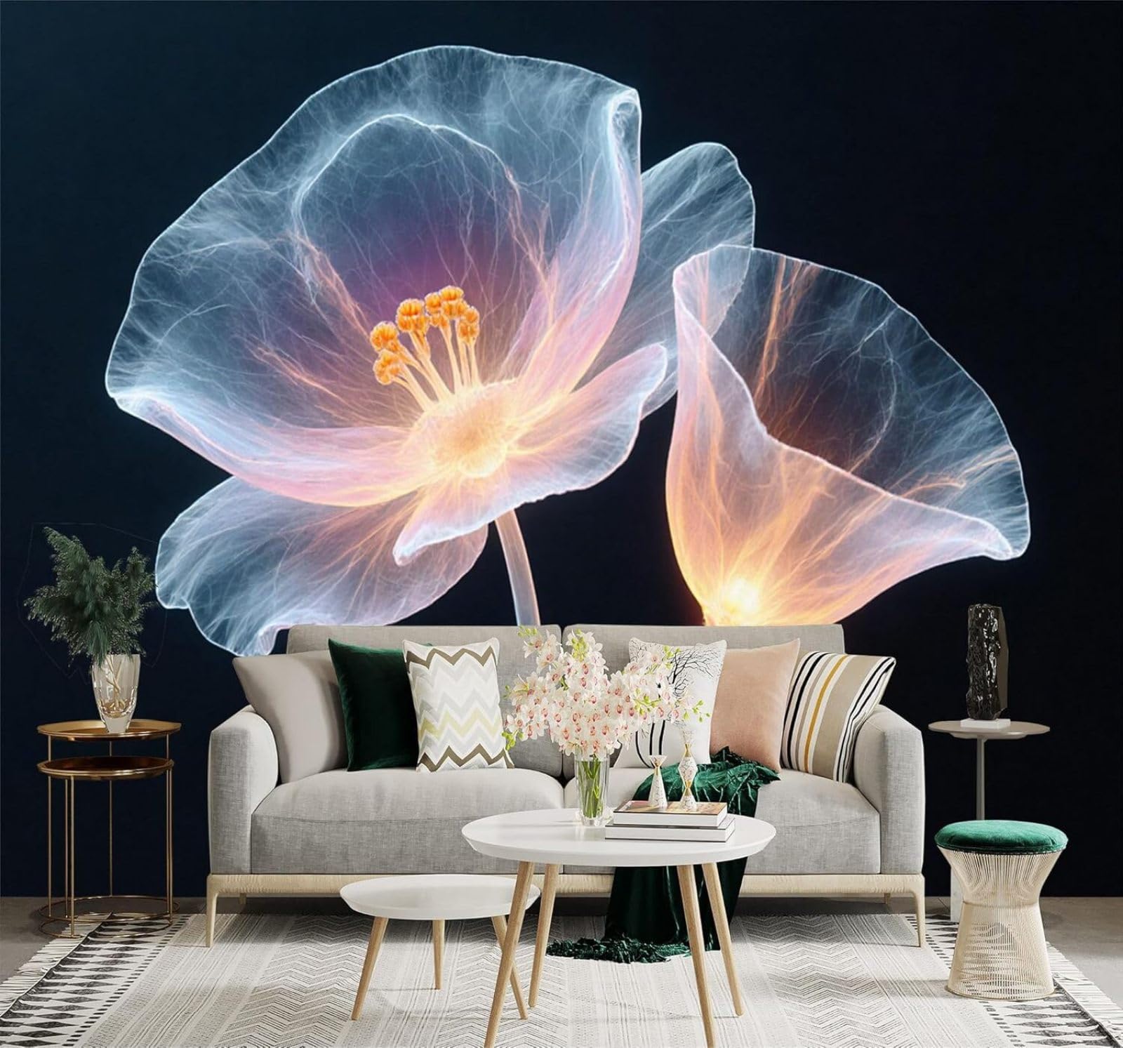Tzxztt Glowing Transparent Flowers Light Coloured Petals Art Modern 3D Wallpaper Premium Textured Silk Neutral Tones Material Ideal for Living Room Bedroom-250cm×170cm