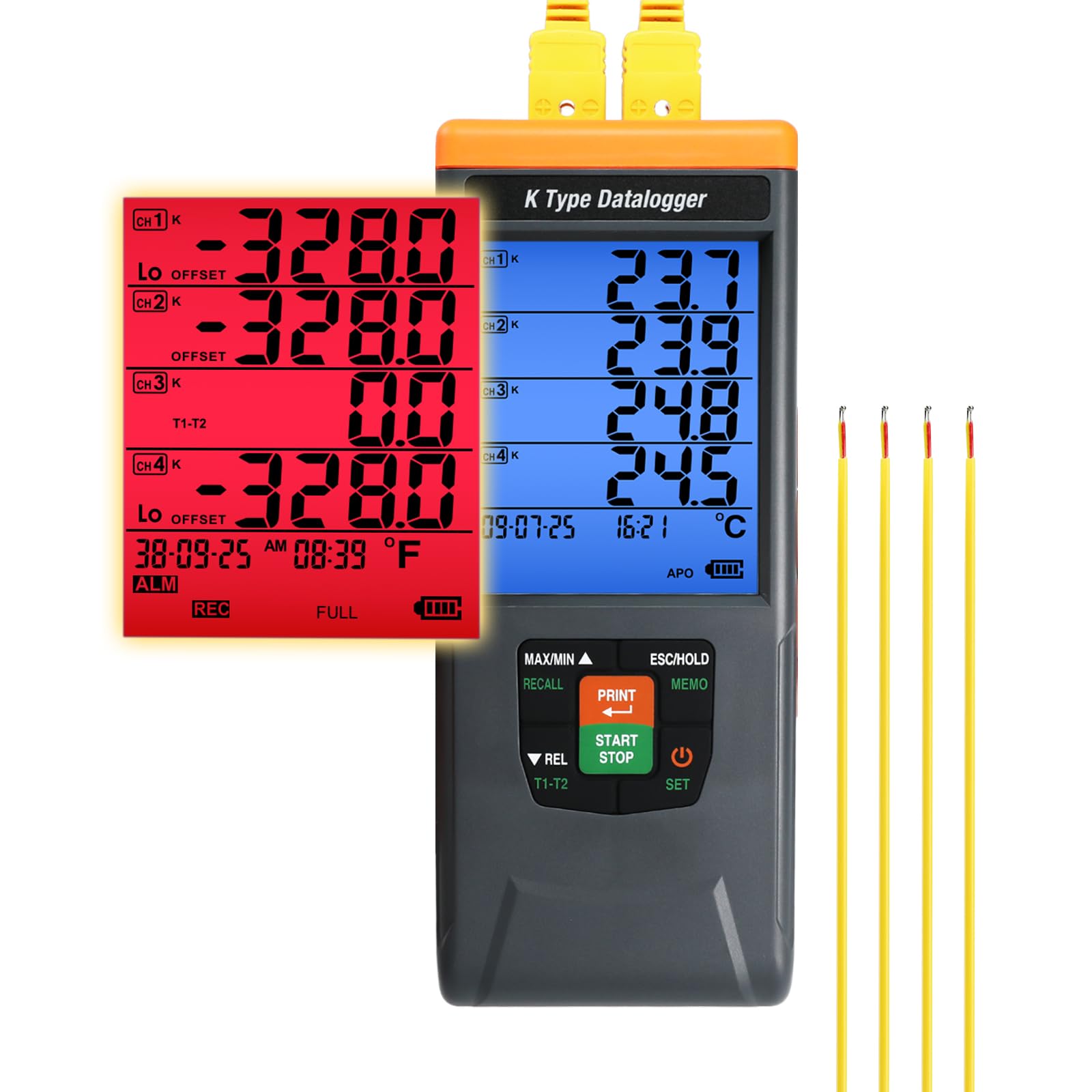 Registratore di Dati di Temperatura 4 Canali Tipo K 328~2498℉ (-200~1370℃) Allarmi Acustici Visivi GLP 48K Record Montaggio Parete Tavolo HVAC Laboratorio