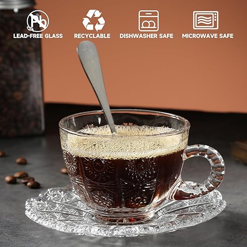 Miniatura 7 de Juego de 6 tazas de té y platillos de vidrio, tazas de café vintage con cuchara de acero inoxidable, aptas para lavavajillas y microondas, para jugo