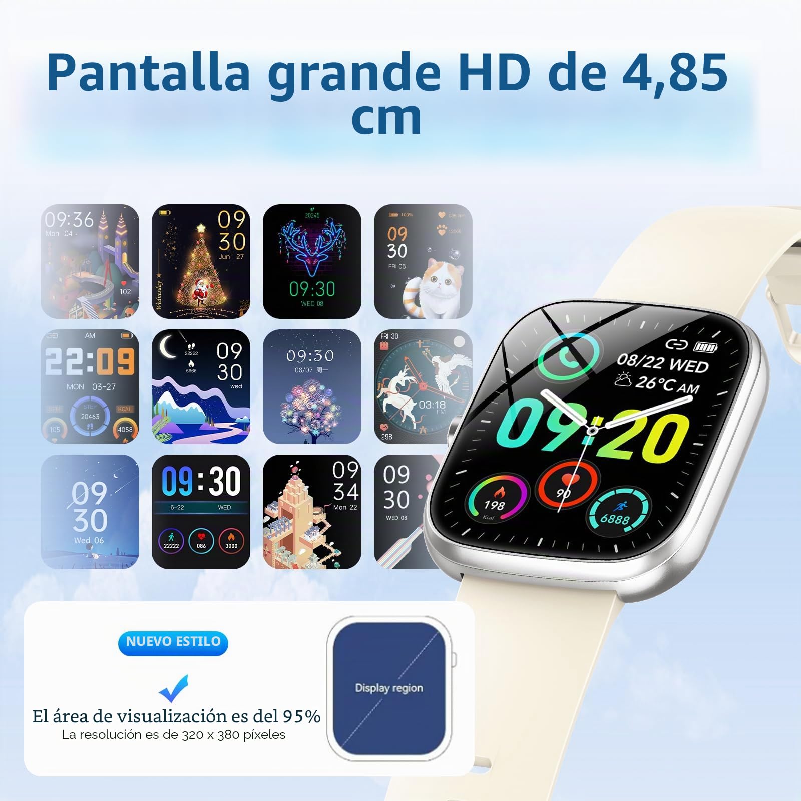CASCHO Reloj Inteligente Hombre Mujer,1.91" HD Smartwatch con Llamadas Bluetooth,100+Modos Deportivos Pulsera Actividad con Pulsómetro/Monitor de Sueño,Impermeable IP68 para Android iOS,Blanco Hueso