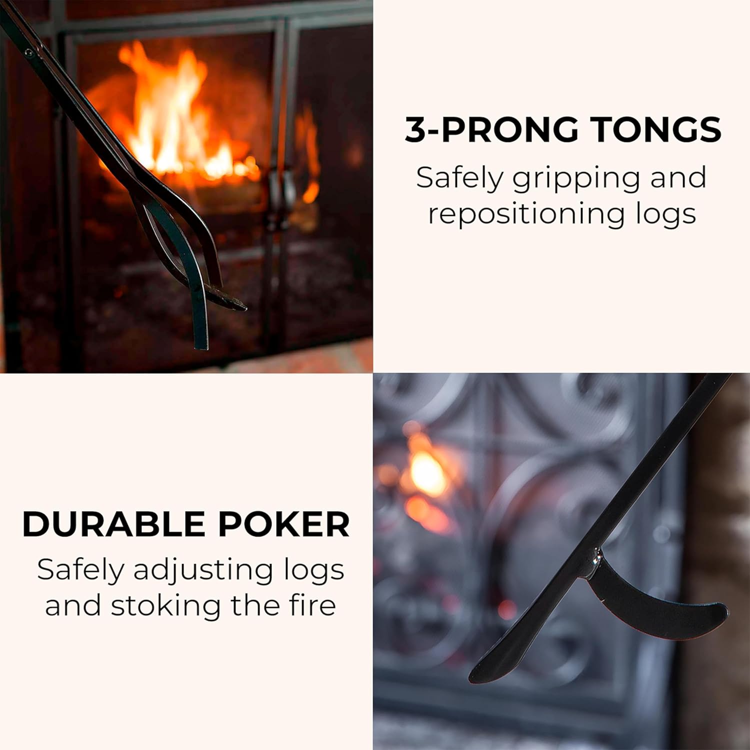 Plow & Hearth 5 Piece Hand Forged Iron Fireplace Tool Set 23" | Black Scroll Wrought Iron Handle for Outdoor Indoor | Stand Poker Shovel Brush Log Tongs Wood Stove Accessory