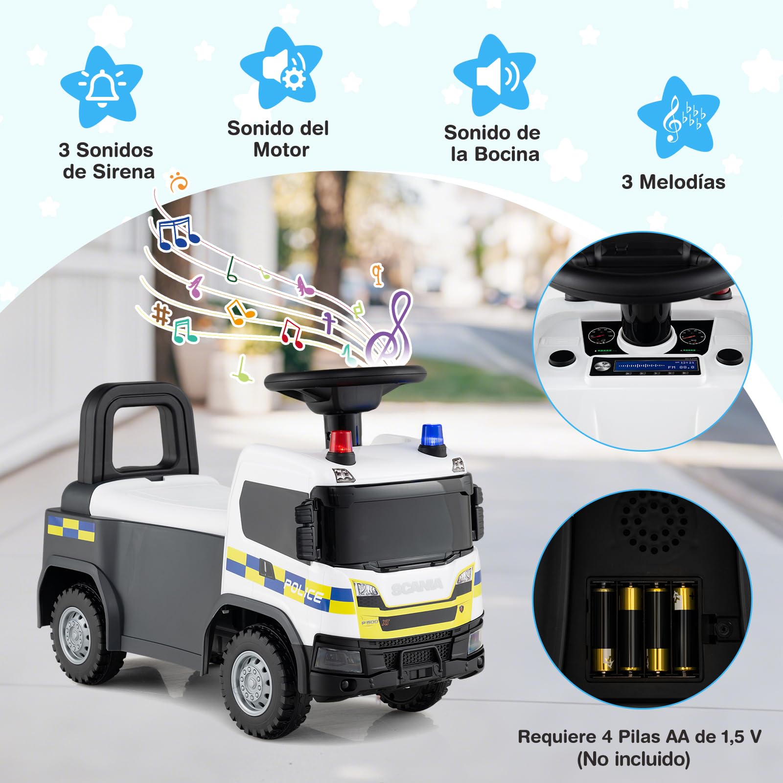 COSTWAY Correpasillos Bebé, Coche Correpasillos para Niños con Bocina, Música, Sonidos y Luces de Bombero/Construcción/Policía, Andador con Almacenaje para Niños de 18+ Meses (Blanco)