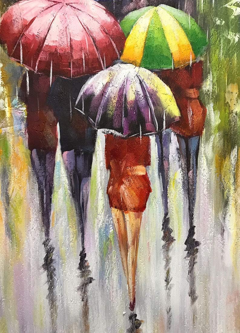 Free Shipping 🛒 Tiancheng Art 24x36 inch Abstract Canvas Art People with Umbrellas 100% Hand-Painted Oil Painting Wall Art Pieces Framed Canvas Paintings Contemporary Artwork Ready to Hang for Home Decoration