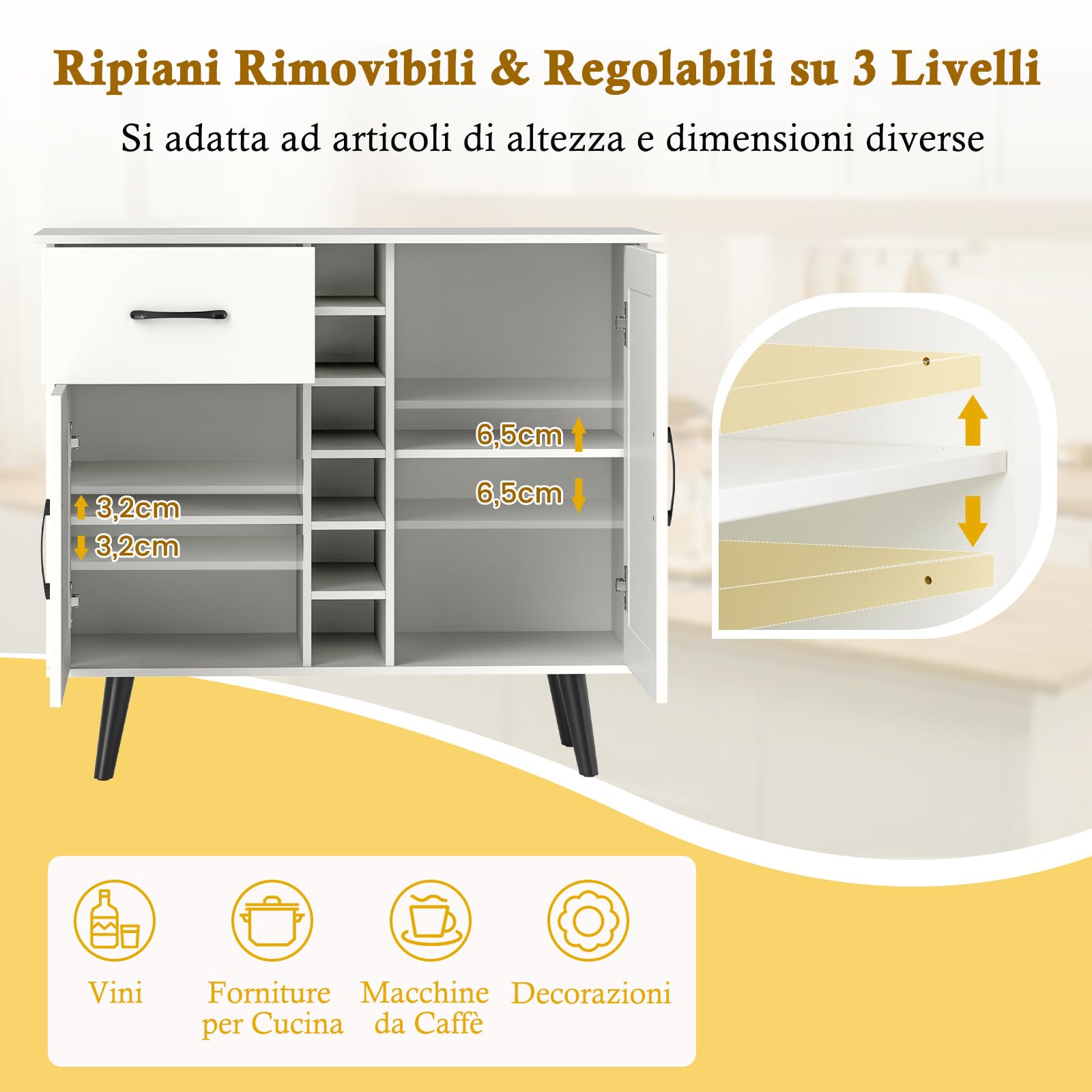 COSTWAY Credenza Buffett da Cucina con 6 Cubi Porta Bottiglie di Vino, Mobile da Cucina con Cassetto, 2 Ante e 2 Ripiani Regolabili, Armadio in Legno Salvaspazio per Soggiorno, 90 x 40 x 79 cm, Bianco