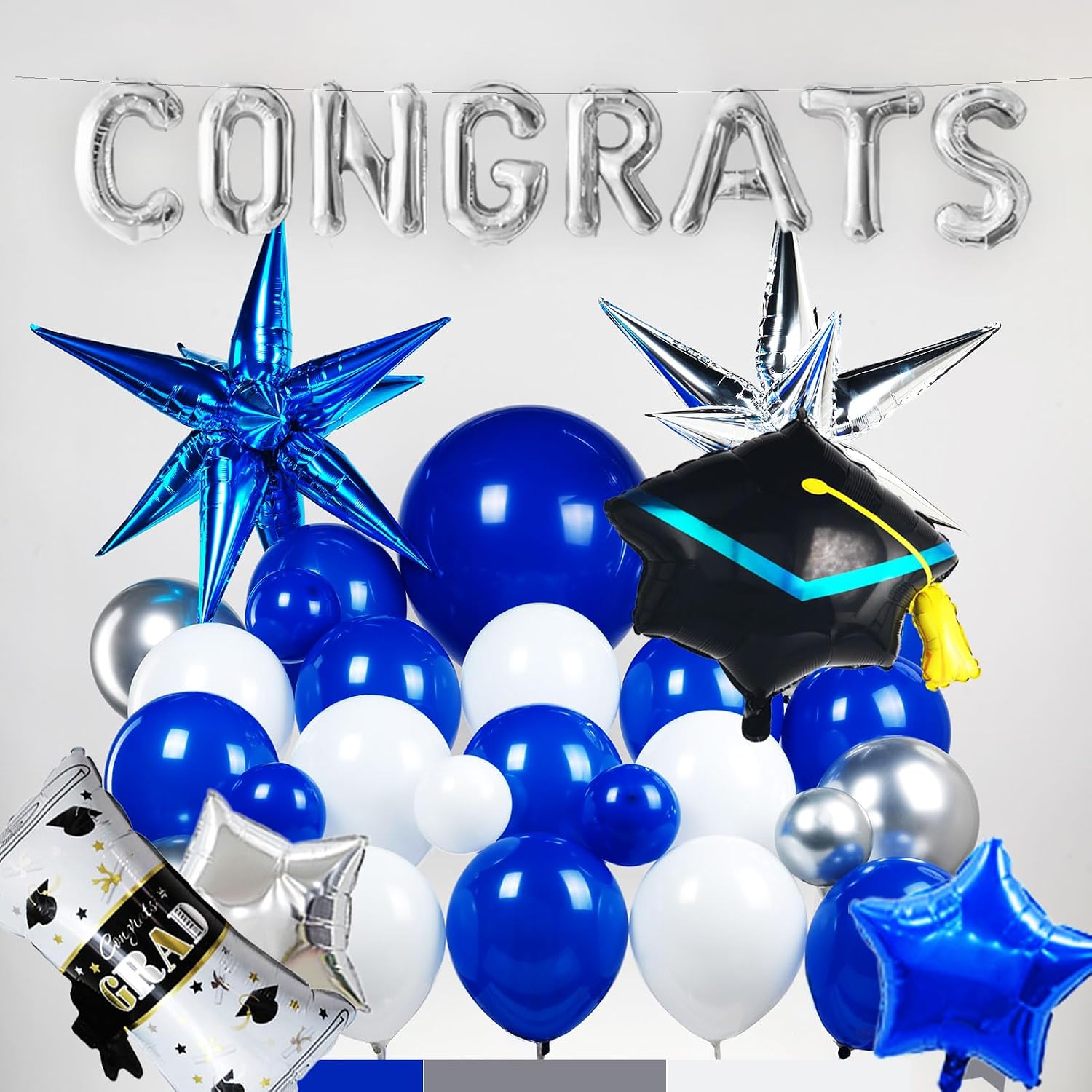 2026 Graduation Balloon Arch Kit - Royal Blue and Silver Party Decorations: Foil Diploma, Congrats Letters, Star & Cap Balloons for Class of 2026 Grad Ceremony & Prom Decorations image 4