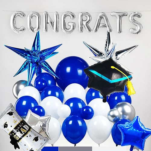 Miniatura 4 de Kit de arco de guirnalda de globos de graduación con temática azul real con tapas de aluminio, diplomas, letras de felicitación, estrellas para la