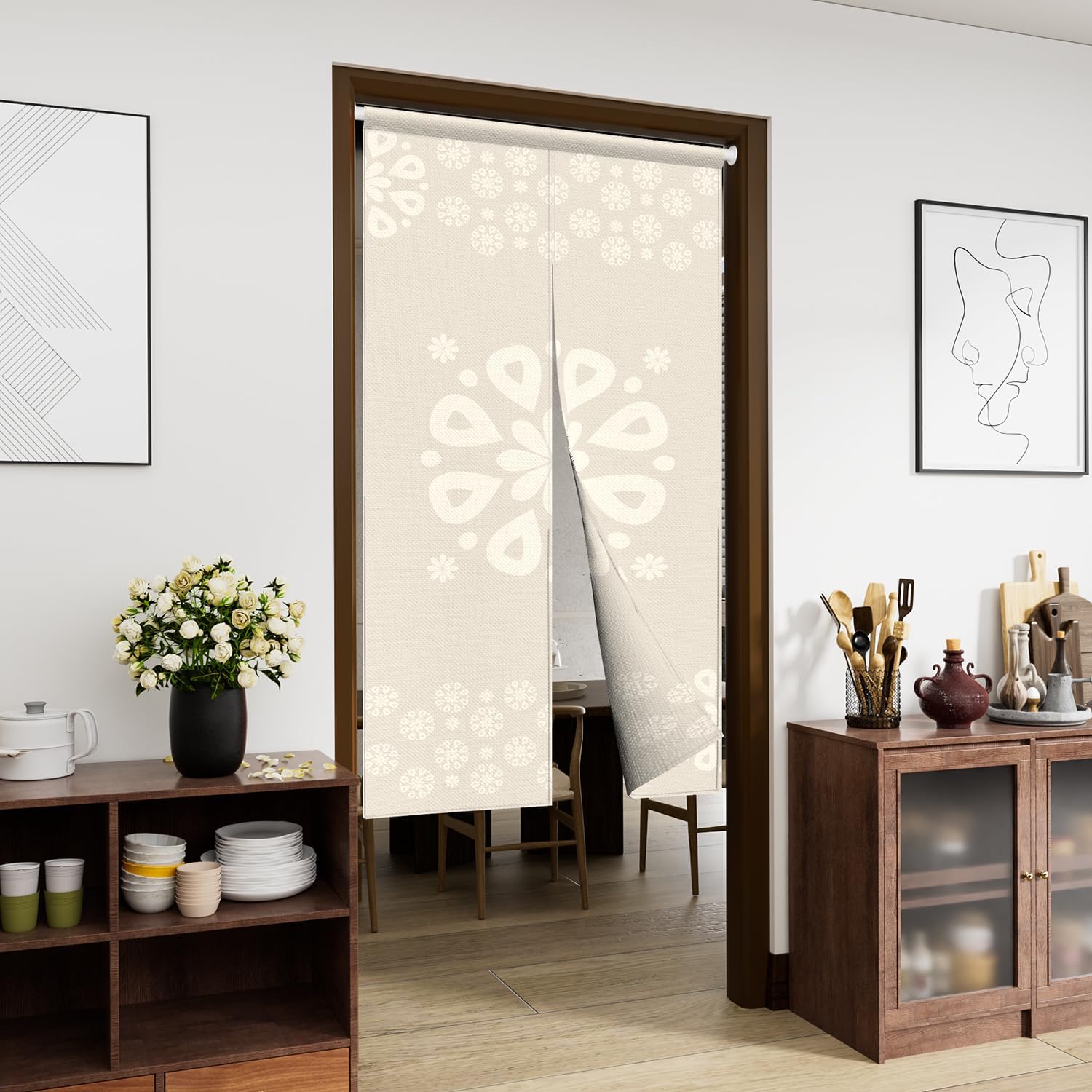 Leowefowa Noren Flowers Printed Double Sided Doorway Curtain Japanese Long Type Style Window Treatment Hanging Door Tapestry Panel for Ukiyoe Room Divider Home Decors (Beige) 33.5"x 59"