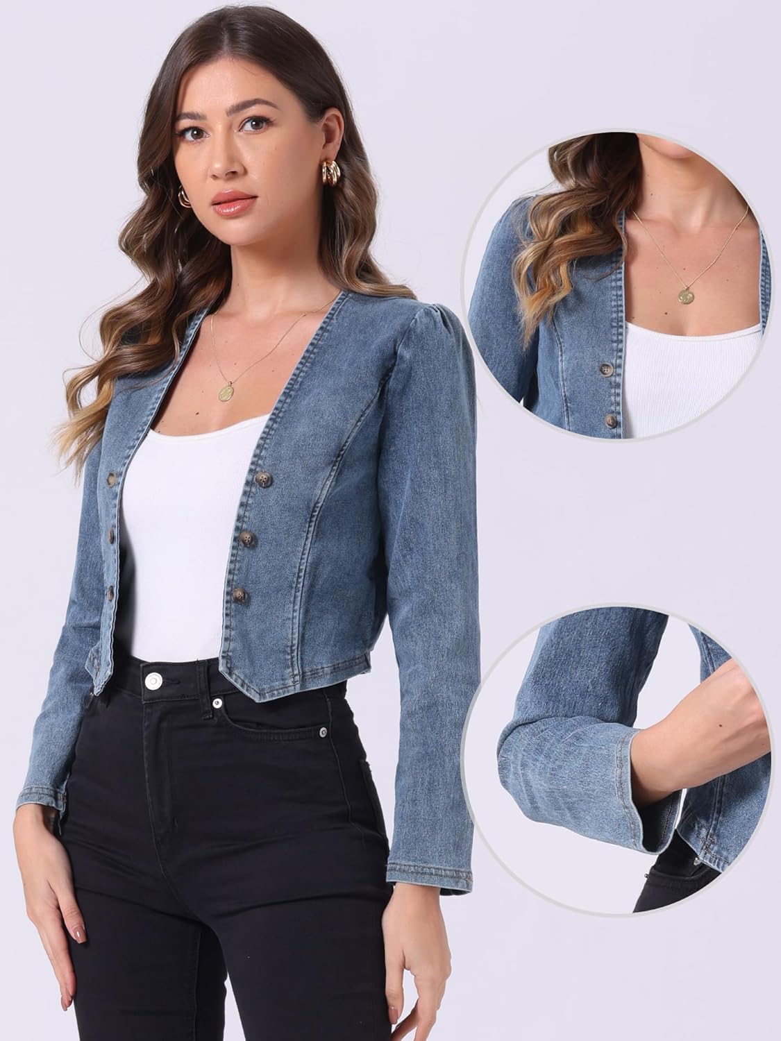 Allegra K Denim Collarless Jackets for Women's Cropped Double Breasted Open Front Jean Cardigan - Image 2