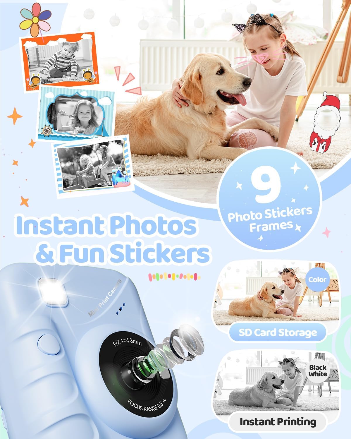 TIATUA M9 Instant Print Kids Camera showing photo stickers and frames