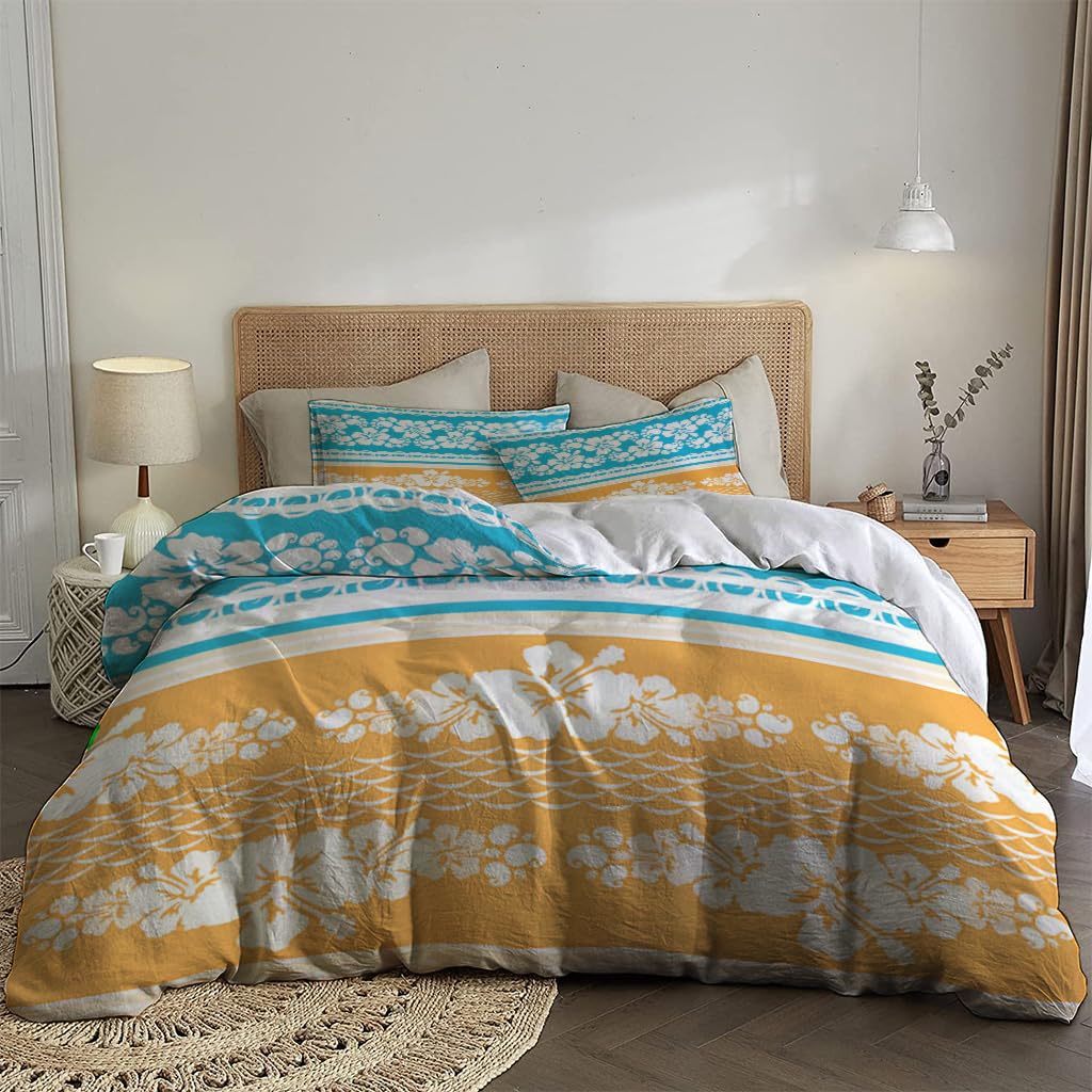 NIBAINLO 布団カバーハワイアンハイビスカスの花柄 - 青と黄色のパターン 肌に優しい ピーチスキン加工 掛け布団カバー 和式 洋式 あったか 布団カバーセット リバーシブル ホームステイ ホテル 家庭兼用