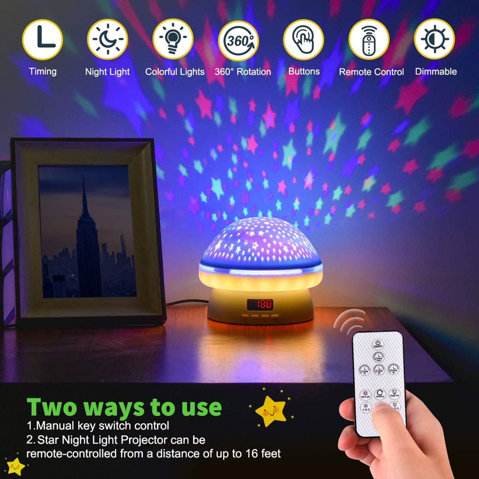 Projektor gwiazdowy lampka nocna dla dzieci - 6 kolorów 360 ° obrotowy projektor lampki nocnej dla dzieci do sypialni z pilotem czasowym - najlepszy prezent dla dzieci,Black