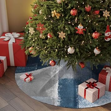 Dark Blue Gray Color Block Christmas Tree Skirt,36 Inch Xmas Tree Ornaments Oil Painting Style Large Round Trees Mat for Indoor Outdoor Holiday Party Decorations