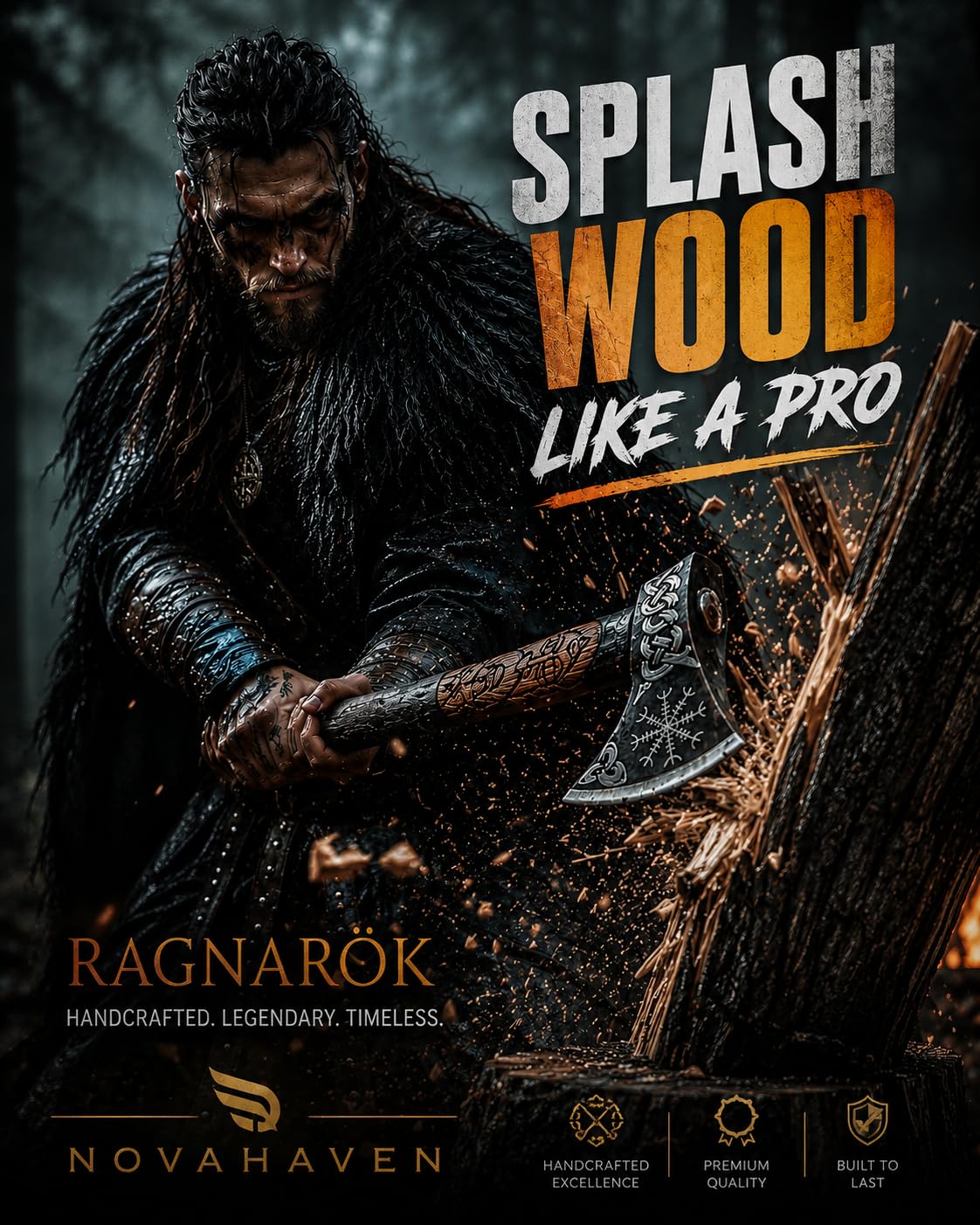 Novahaven Ragnarök - Hacha forjada a mano para exteriores de 22 pulgadas – Regalo y coleccionable de acero al carbono con mango de madera de fresno tallada, diseño de lobo y dragón, funda de piel para