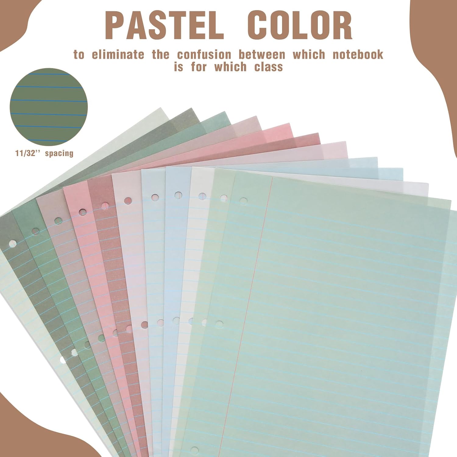 PerKoop 12 Pack 600 Sheets Colored Loose Leaf Paper College Ruled 8" x 10.5", Pastel Colorful Lined Writing Paper 3 Hole Punched Filler for 3 Ring Binder School Office Supplies(Morandi Color)