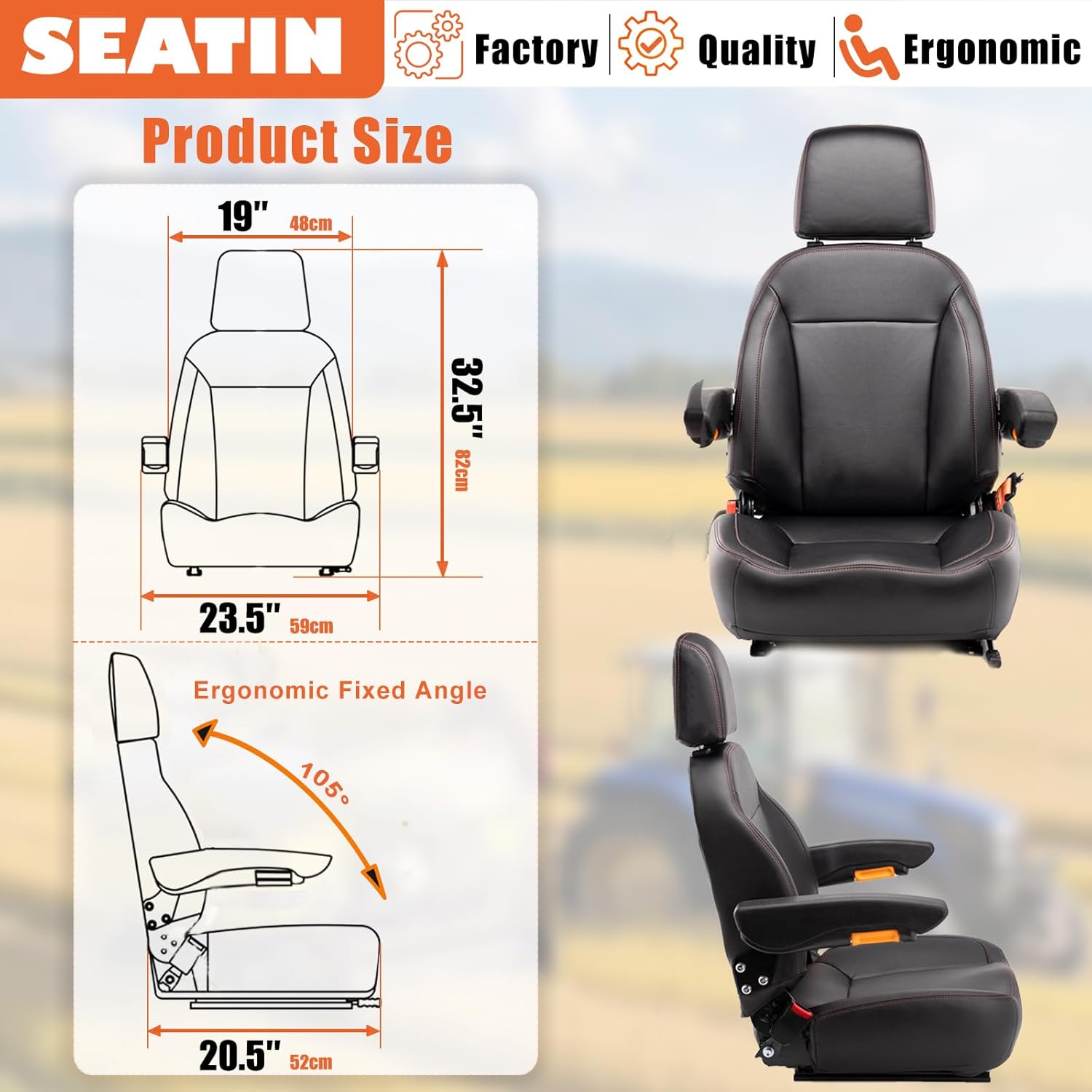 Universal Tractor Seat, Comfortable Zero Turn Mower Seat with Adjustable Safety Belt Armrest Micro Switch for Forklift Skid Steer Loader Telehandler Dozer Excavator (Black)