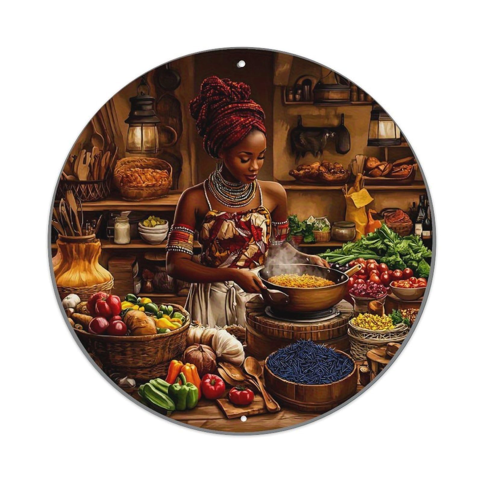 African Heritage Kitchen Scene Art Round Metal Tin Sign Vintage Wall Decor, Bar Garage Cafe Kitchen Home Wall Art Poster 8x8inches