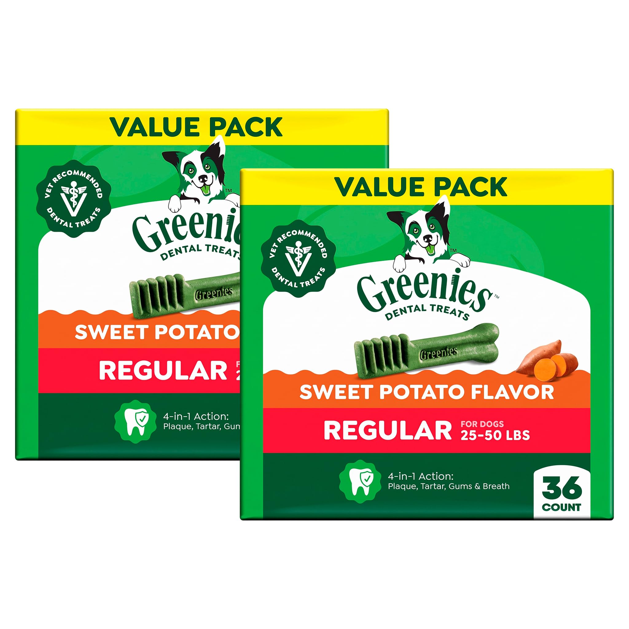 Greenies Veterinarian-Recommended Natural Dental Dog Treats,Dental Chews for Dogs,Regular Size,Sweet Potato Flavor,36 oz,36 Count (Pack of 2)