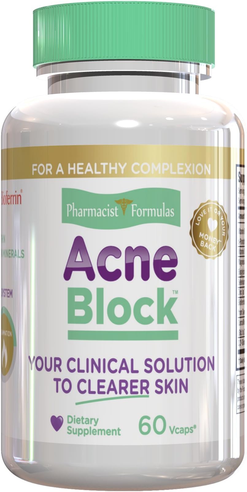 Acne Block - Natural Blemish, Pimple and Spot Treatment Cure with Clear Skin Vitamins Zinc and Selenium for Hormonal Cystic Solutions, 60 Veggie Capsules
