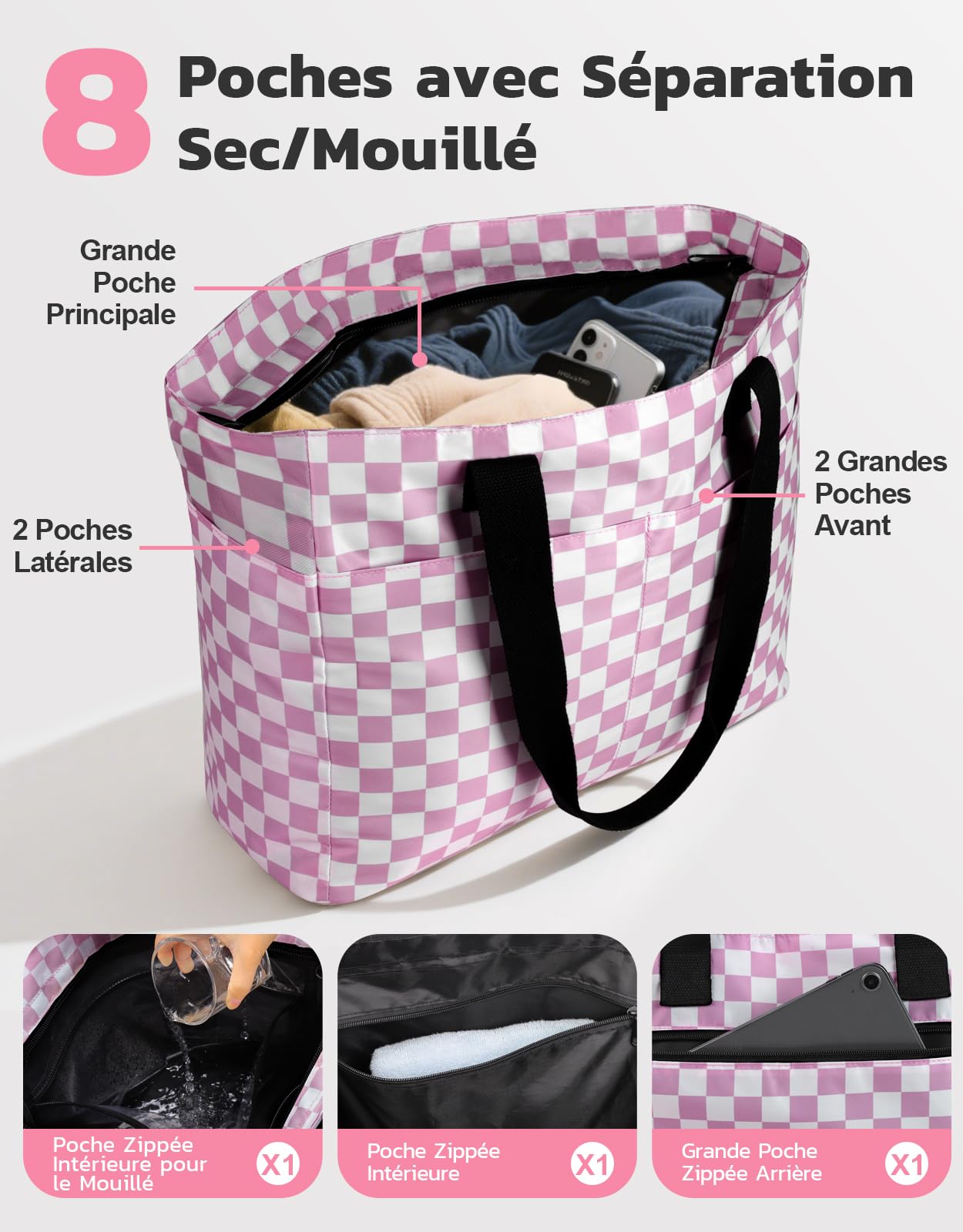 ISEYOU Grand Sac de Plage et Sac Isotherme, 45L Sacs Cabas Femme Imperméables avec Fermeture Éclair, Compartiment Sec-Humide, XXL Sacs Piscine Famille pour Voyage, Vacances, Pique-Nique, Gym