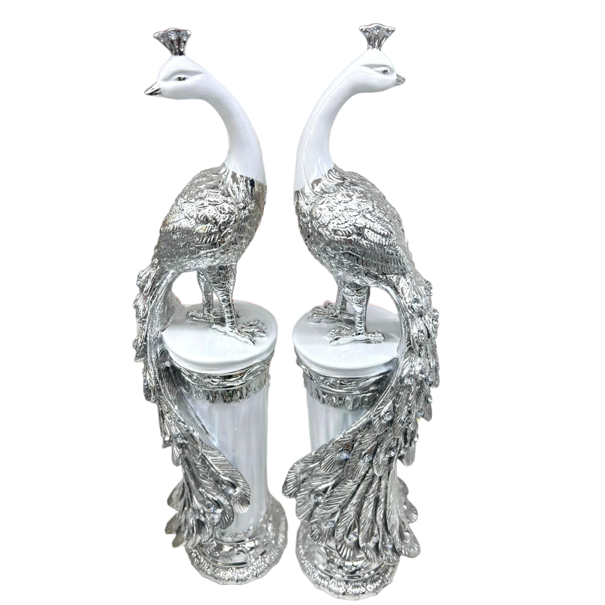 Jayogla Silver/White Elegant And Italian Peacock Pair Stand Romany Diamante Accents - Indoor/Outdoor Home Decor Shelf Sitter Ornaments - Perfect Romany Gift