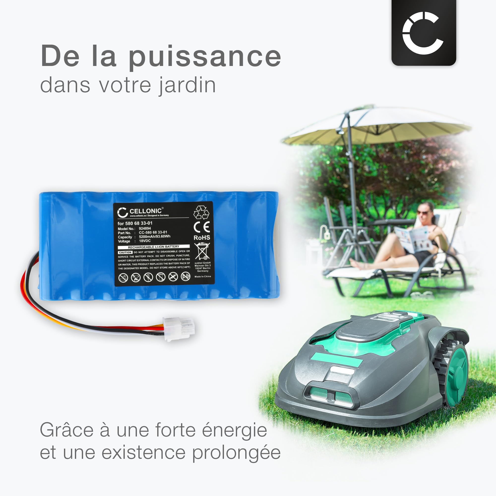CELLONIC® Batterie 580 68 33-01, 580 68 33-02,580 68 33-03 18V 5200mAh Li ION pour Husqvarna Automower 420/440 / 320/550/ 520 Outillage portatif perceuse visseuse