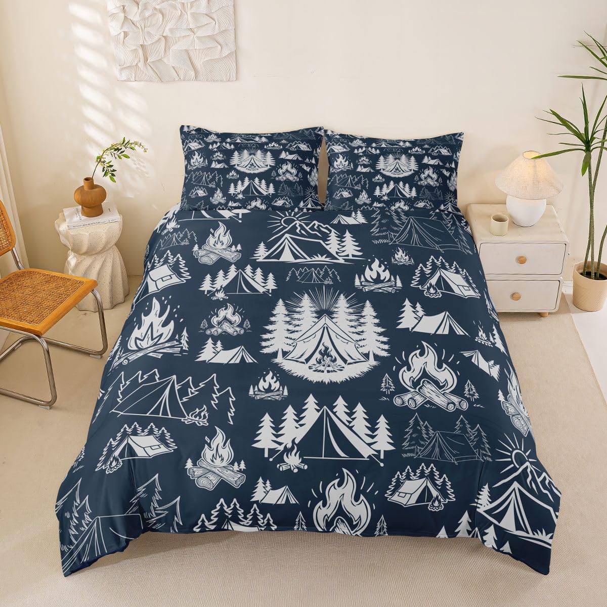 Homemissing Camper Duvet Cover King Size Happy Camping Comforter Cover for Boys Girls Gray Bedding Set 3Pcs Adventure Campfire Room Decor Breathable Soft Lightweight Microfiber (NO COMFORTER)
