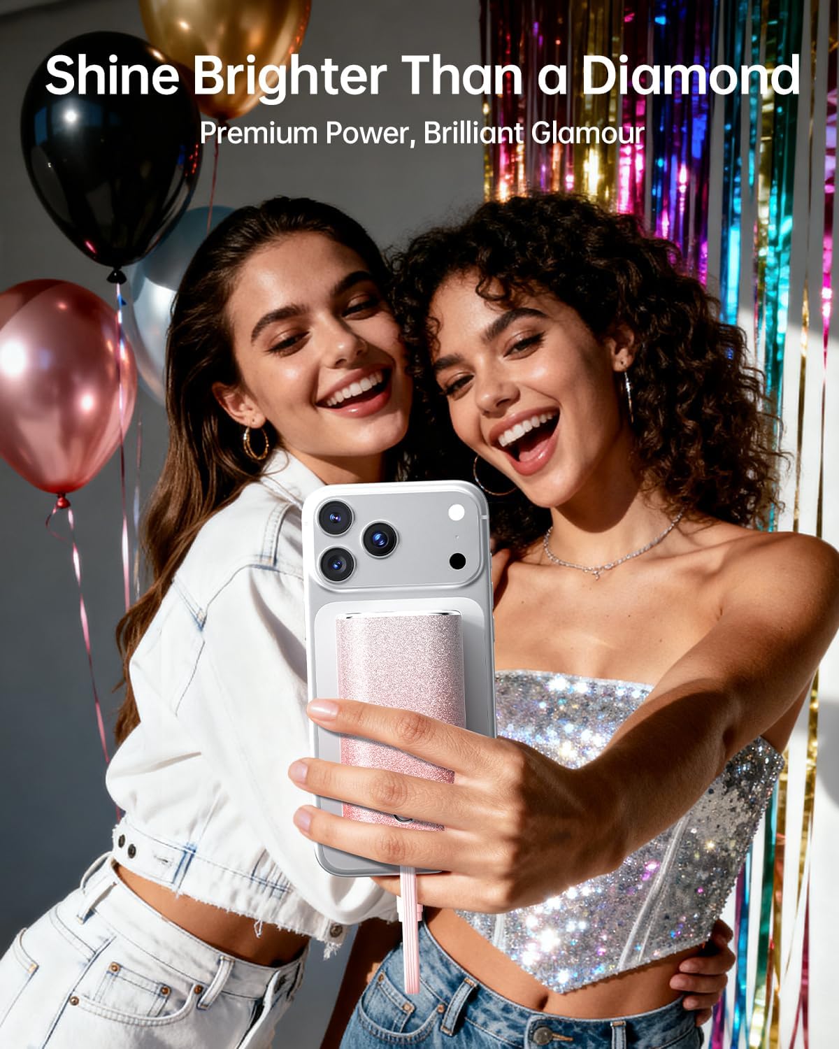 iWALK Sparkly 10000mAh Portable Charger, 22.5W Fast Charging Small Power Bank with Built-in USB-C Cable, Diamond Glitter Ultra-Compact Battery for iPhone 17/17 Pro/16/16 Pro/15, Samsung,ShinyPink