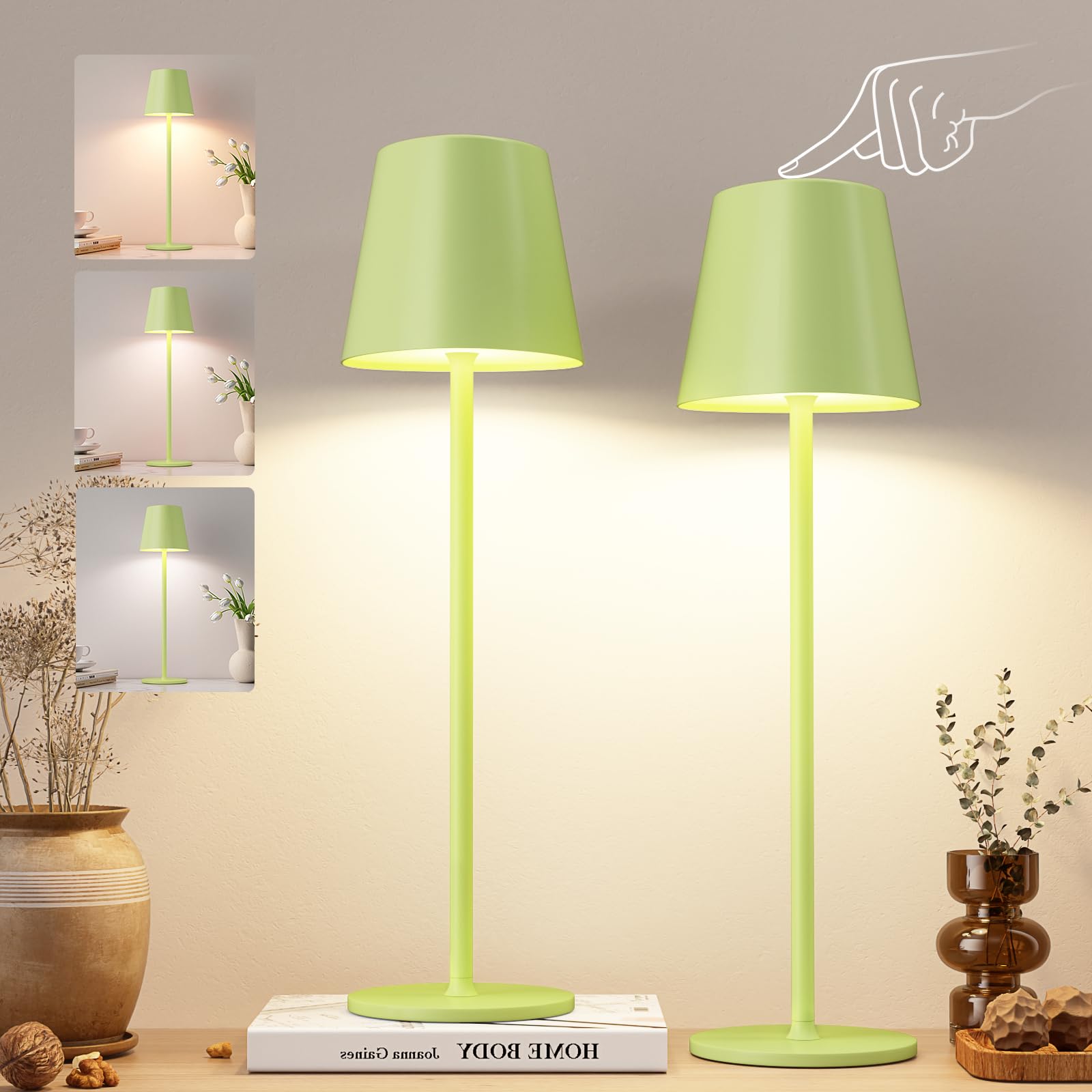 Kakanuo Yellow Green Cordless Table Lamps, Rechargeable Lamp, Battery Operated Lamps, Touch Control Table Lamps, 3 Color Temperature, Stepless Dimmable, LED Portable Wireless Battery Lamp, Set of 2