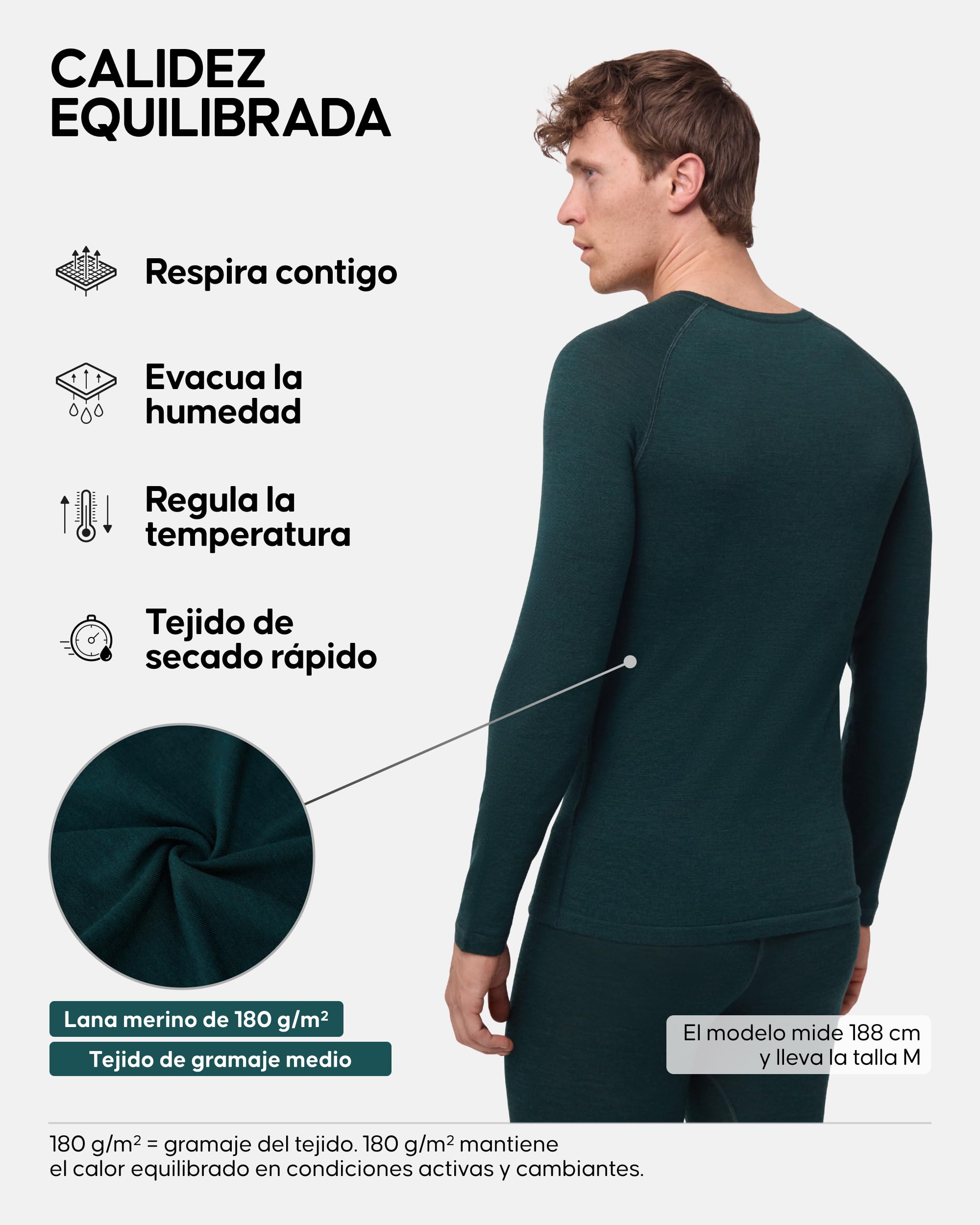 DANISH ENDURANCE Camiseta Térmica Lana Merino Hombre Dark Verde S | Camiseta Térmica de Lana Merino 180g/m², Cálida y Transpirable con Ajuste Ergonómico, para Senderismo, Esquí y Uso en Casa