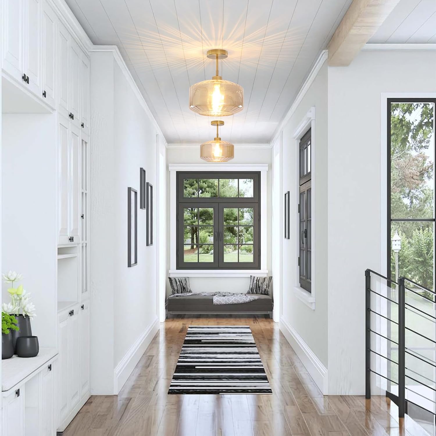 Mid Century Ceiling Light, 11.81 Inch Glass Semi Flush Mount Sloped Ceilings Lights Fixture,Amber Vintage Lighting for Bedroom Kitchen, Entryway, Hallway, Foyer