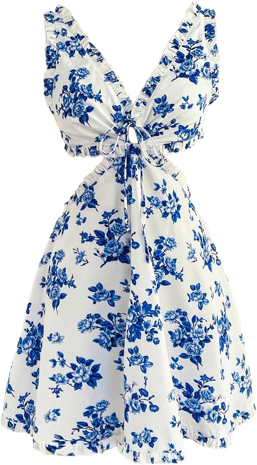 MakeMeChic Women's Floral Frill Trim V Neck Cut Out Sleeveless Bow Knot Summer Mini Dress