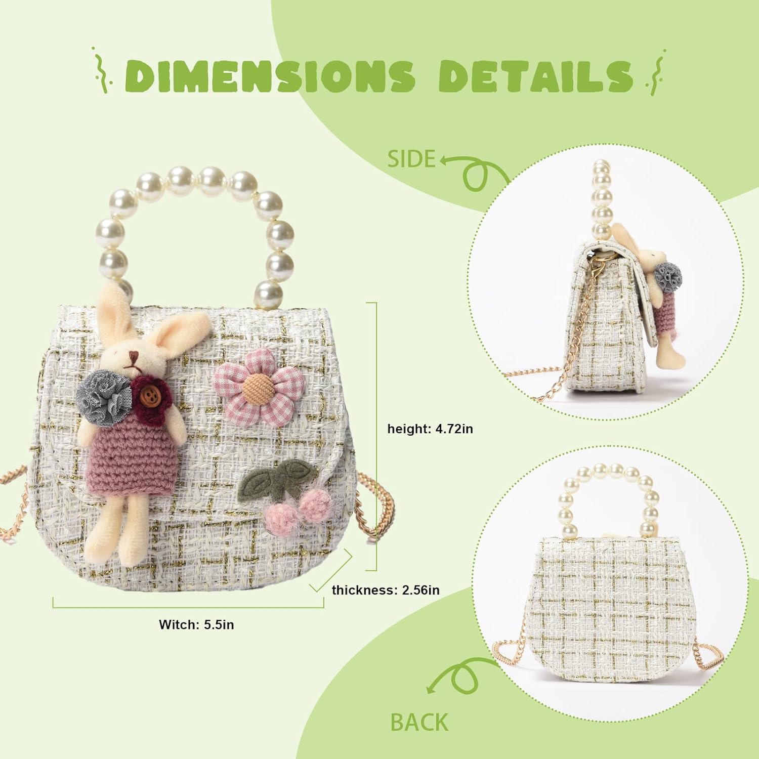 Girls Princess Purses Cute Bunny Toddler Crossbody Bag Handbag with Pearl Handle Shoulder Chain Bag - Image 3