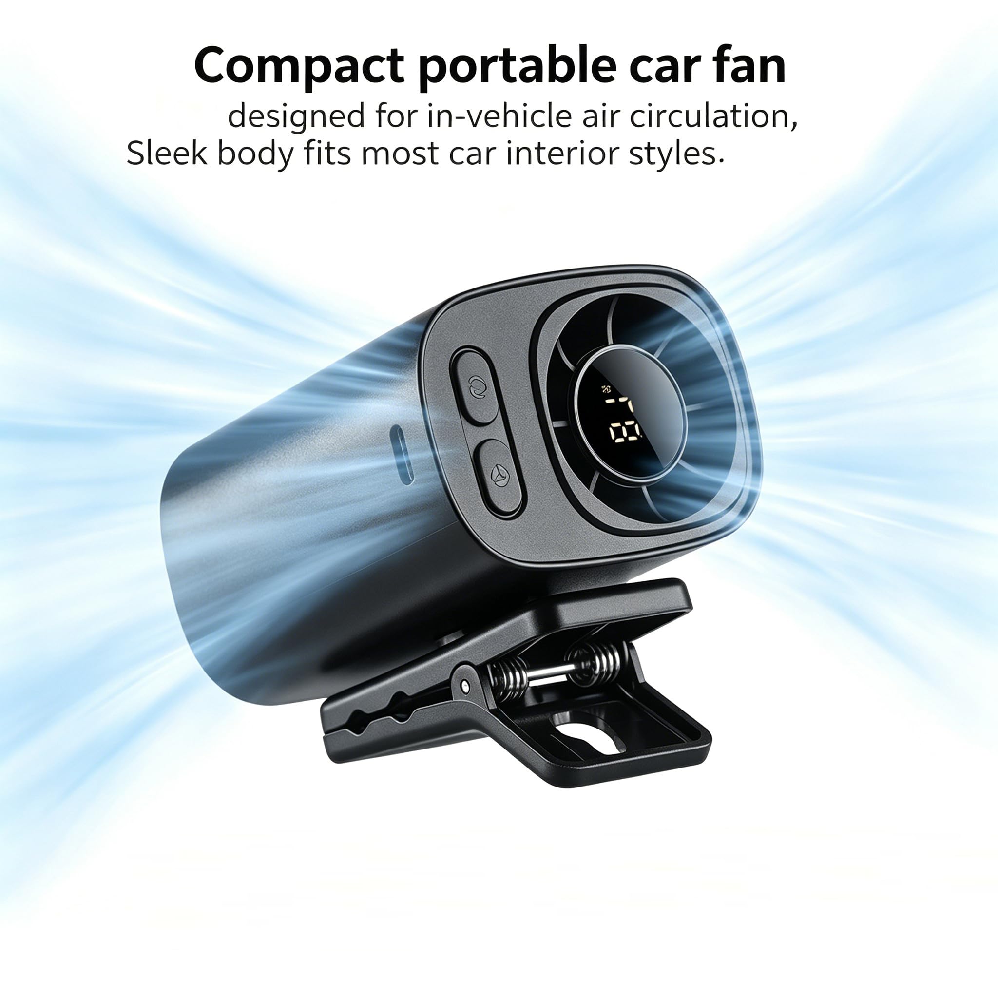 Ventilatore portatile per auto, AC, ricaricabile tramite USB, con display a LED, silenzioso, per esterni e scrivania