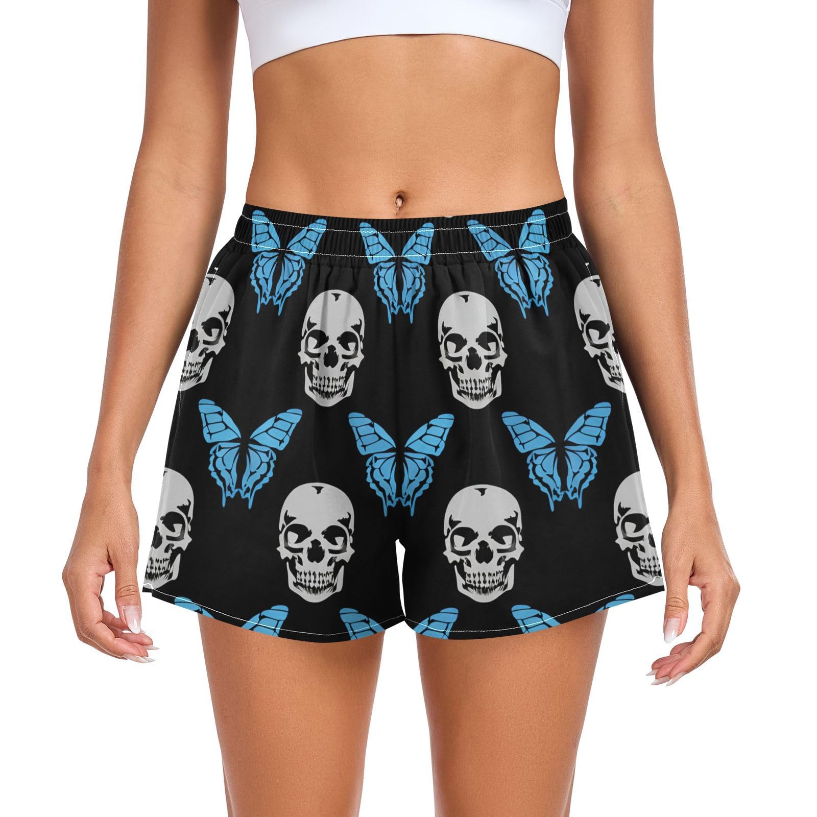 Blue Butterfly Skulls Women's Running Shorts with Pockets Sporty Workout Quick Dry Athletic Shorts L 202c1156
