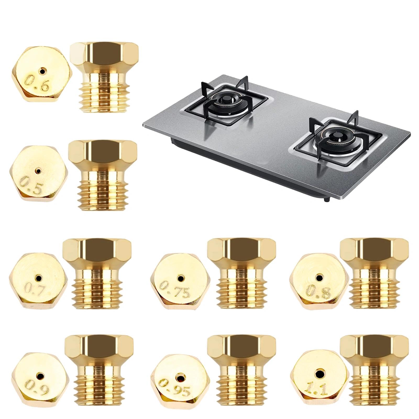 16 Pieces Gas Sprinklers – Multi-Size Kit (0.5-1.1 mm) for Butane/Propane Gas – Thread M6 × 0.75 – Precision Nozzles for Burners Boilers, Stoves & Gas Appliances – Heavy Duty Steel (Pack of 16)