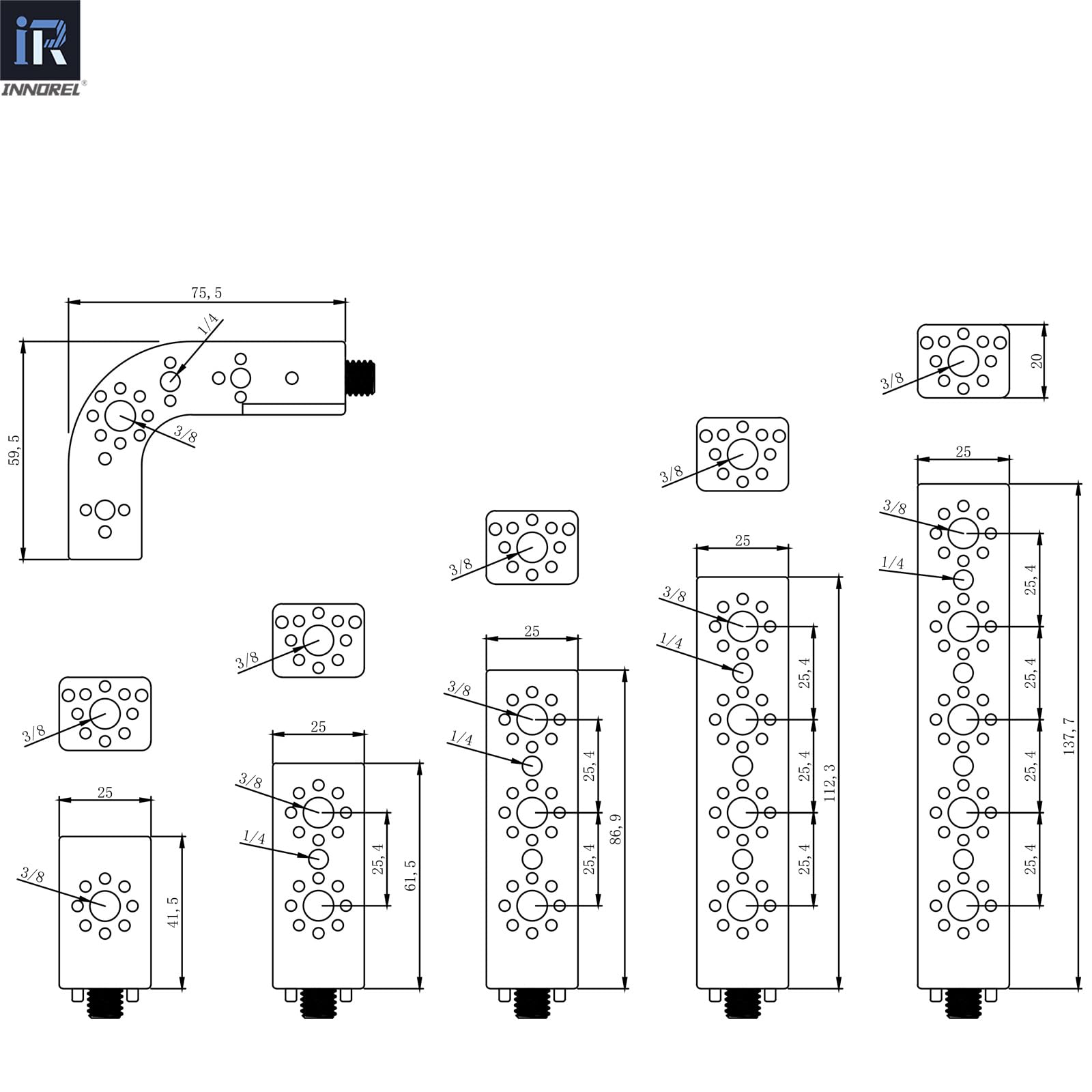 INNOREL CB2 Poignée Multifonction en Alliage d'aluminium CNC,avec Trous de Fixation Arri de 3/8" et 1/4" pour Cadres de Cage de caméra, Plates-Formes vidéo DIY, Tout Point fileté de 3/8"