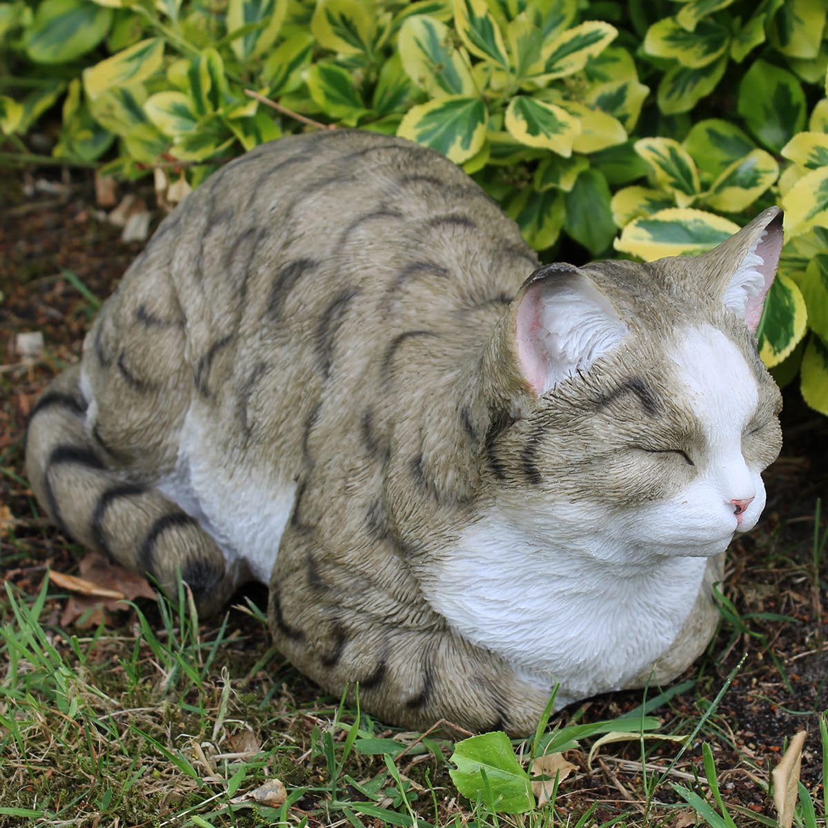 Colourliving Deko Katze Lebensecht Katzenfigur Gartenfigur Schlafend Dekofigur Grau Emma