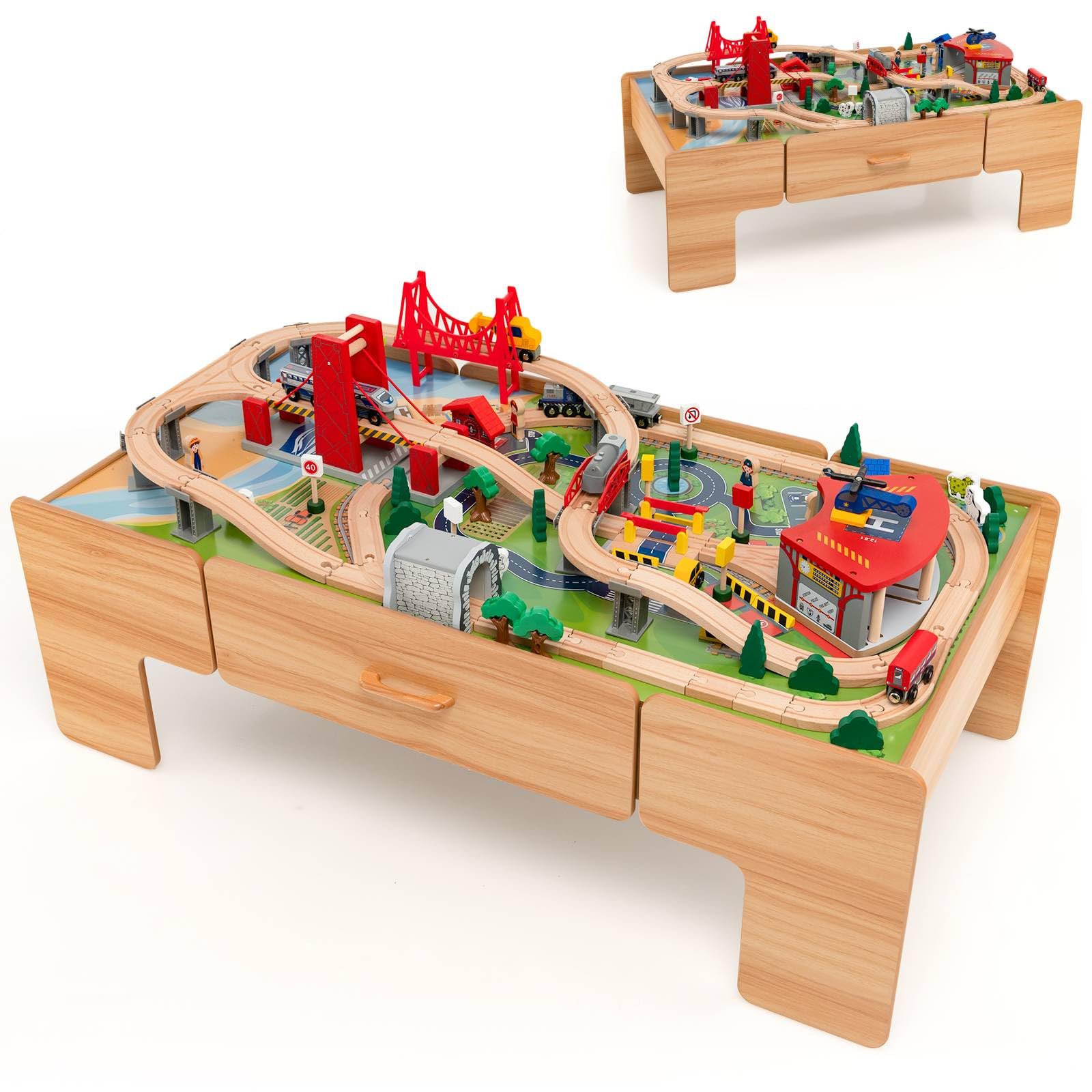 Maxmass Wooden Train Tack Set, 2-in-1 Kids Train Play Table with 100 PCS Toy Set, Reversible Tabletop and Storage Drawer, Children Railway Playset for 3+ Years Old Boys Girls