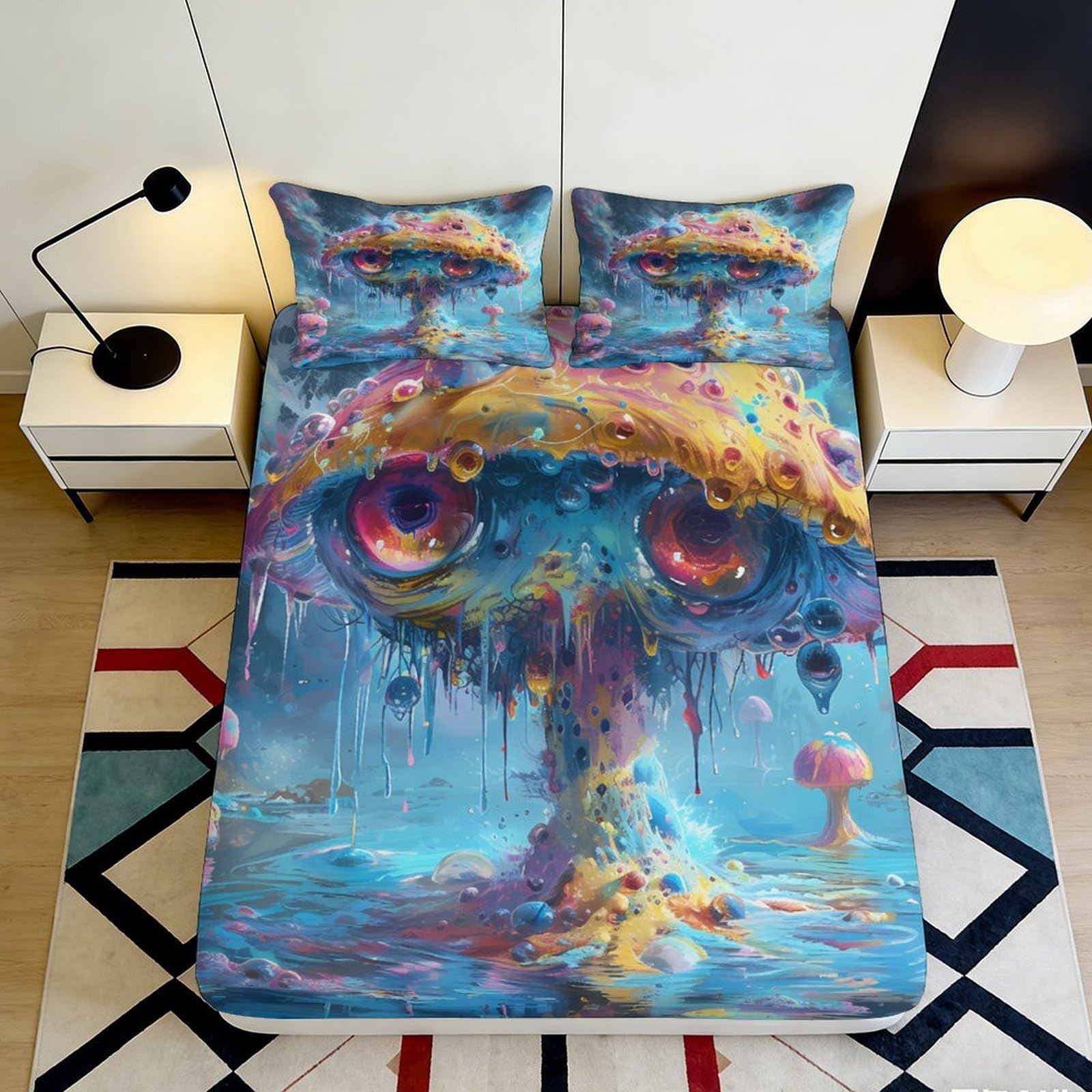 3D Printed Psychedelic Mushroom Fitted Sheet Microfiber Soft Abstract Art Bed Cover for Bedroom Dorm Decor 90x200x25cm
