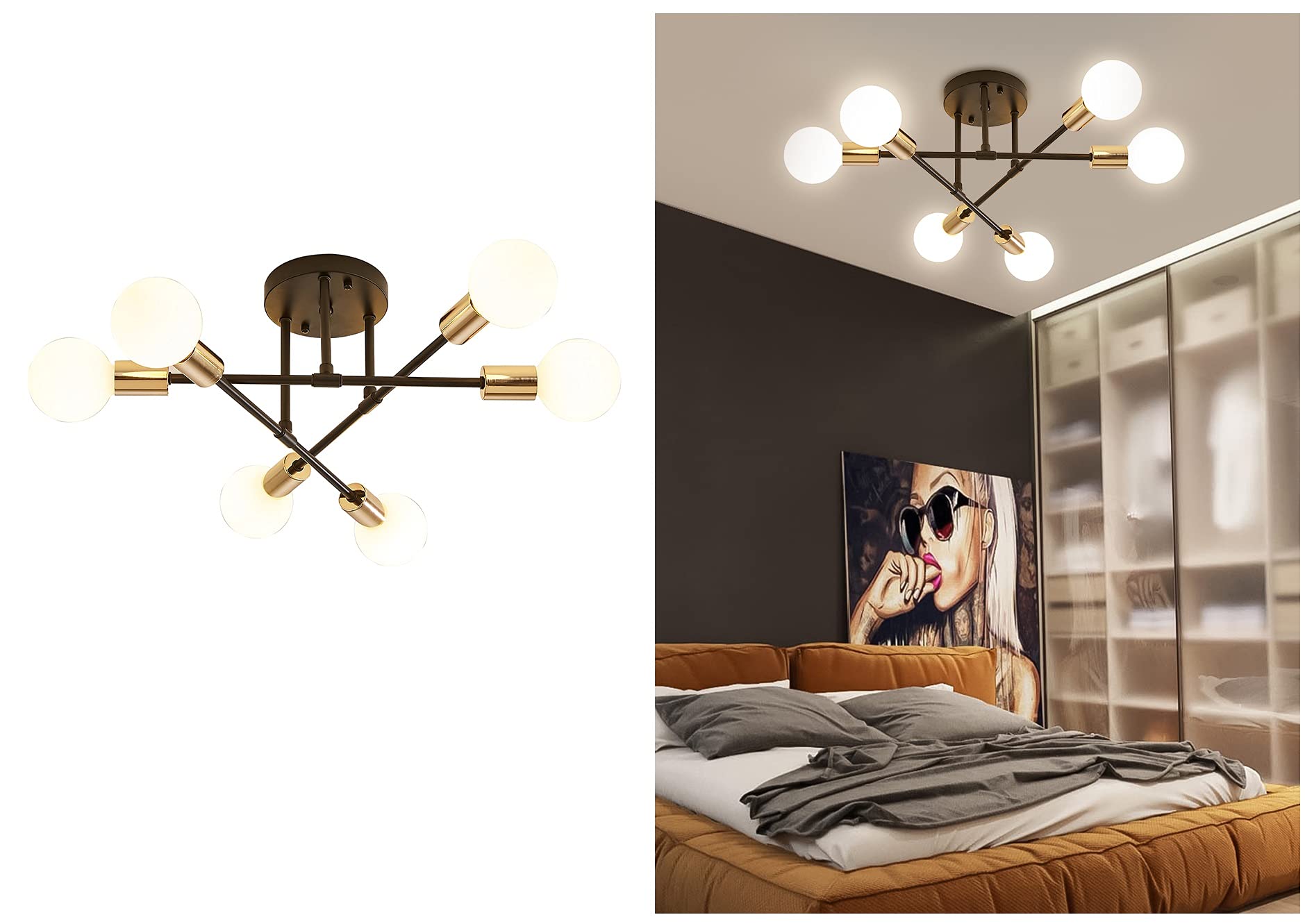 Modern Ceiling Light, 6-Light Sputnik Chandelier for Bedroom, Dining Room, Living Room (Black)