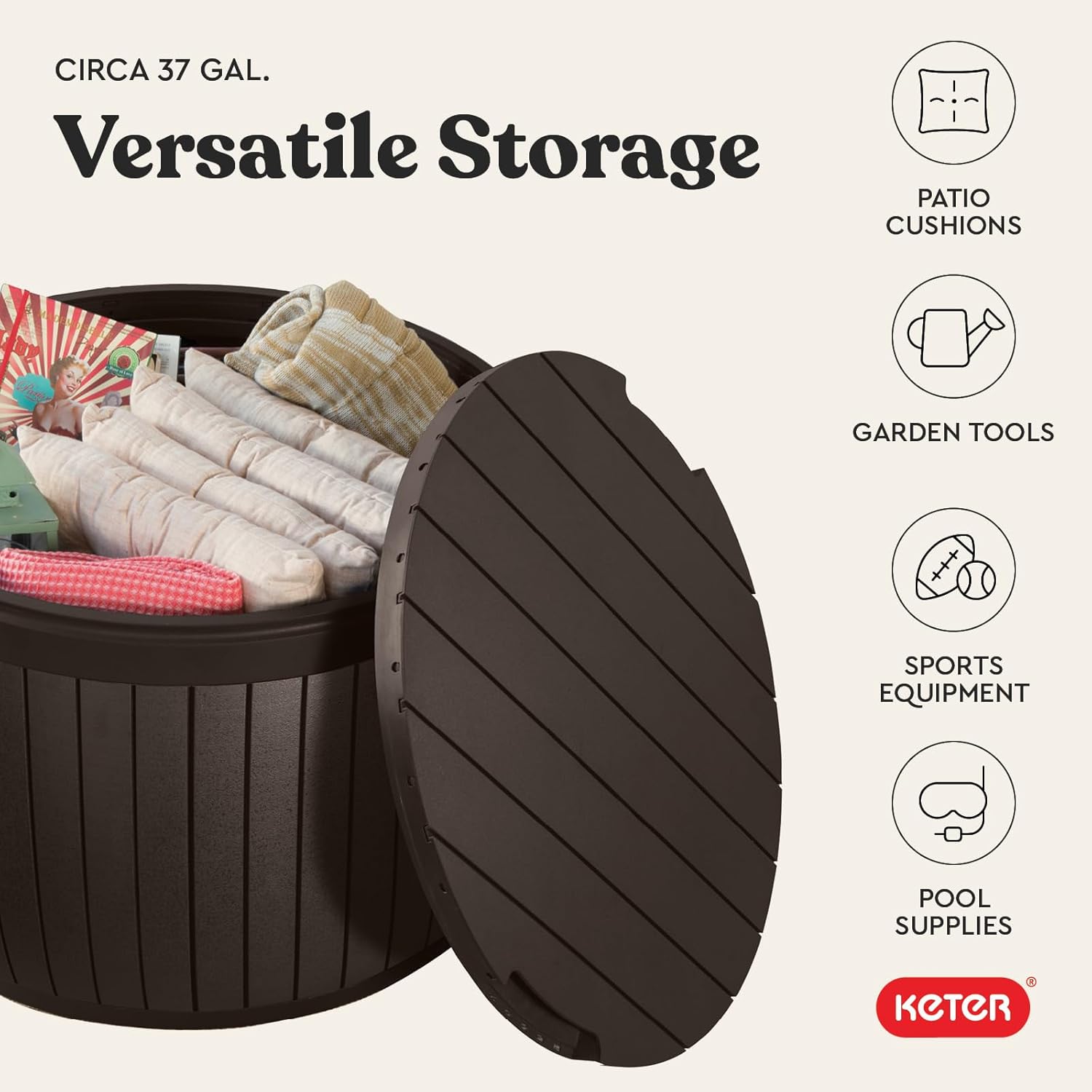 Keter Circa 37 Gallon Deck Box Organizer, Works as Ottoman Chair or Side Table, Brown – Large Resin Round Outdoor Storage and Seating for Garden, Pool, and Patio