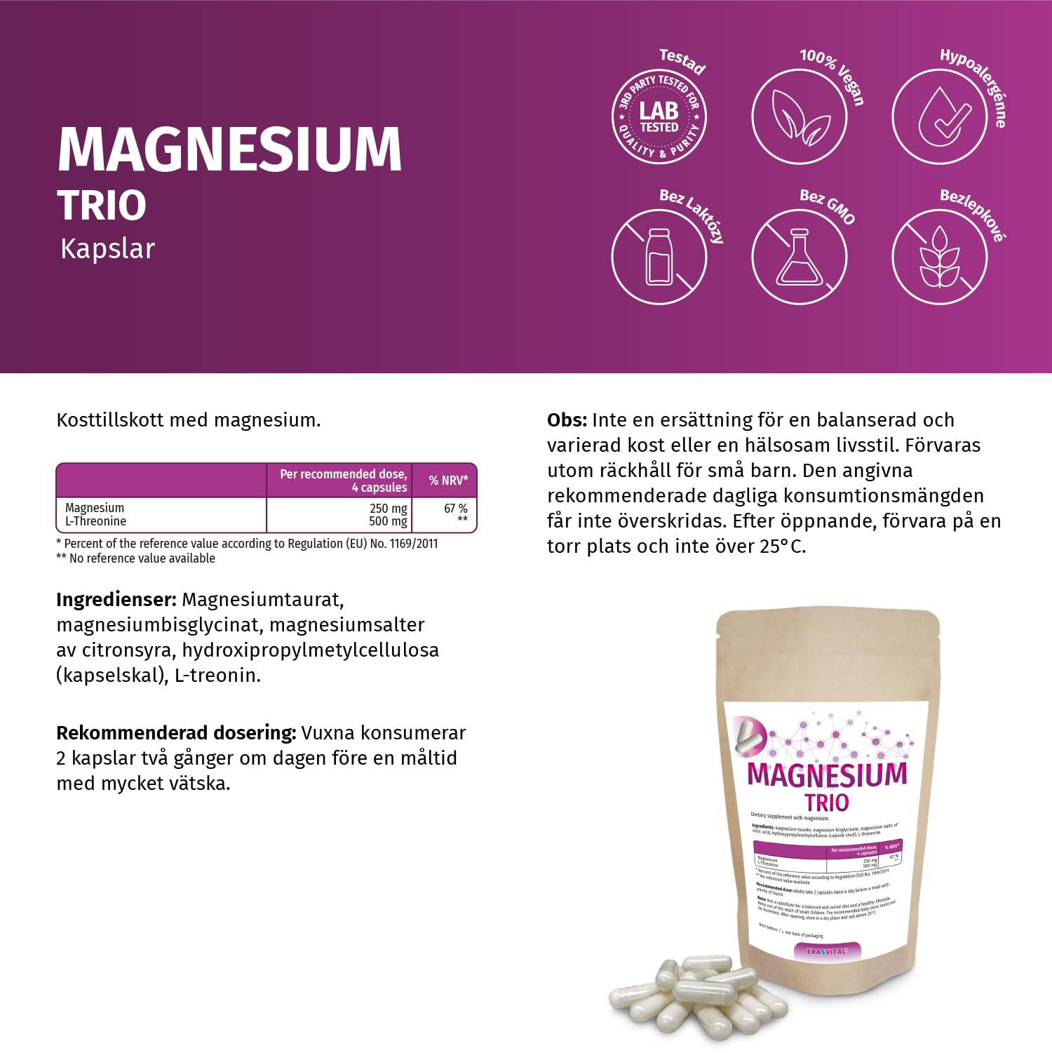Magnesio Trio 360 cápsulas con taurato de magnesio, bisglicinato de magnesio, citral de magnesio y L-treonina, ideal para un público interesado en la salud mental.