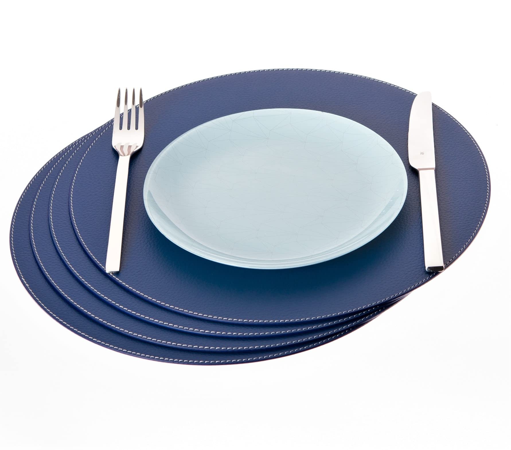 Nikalaz Lot de 4 Set de Table Rond et 4 desous de Verres, Set de Table 33 cm de diamètre et sous-bock 10 cm, Cuir Naturel recyclé, (Bleu)