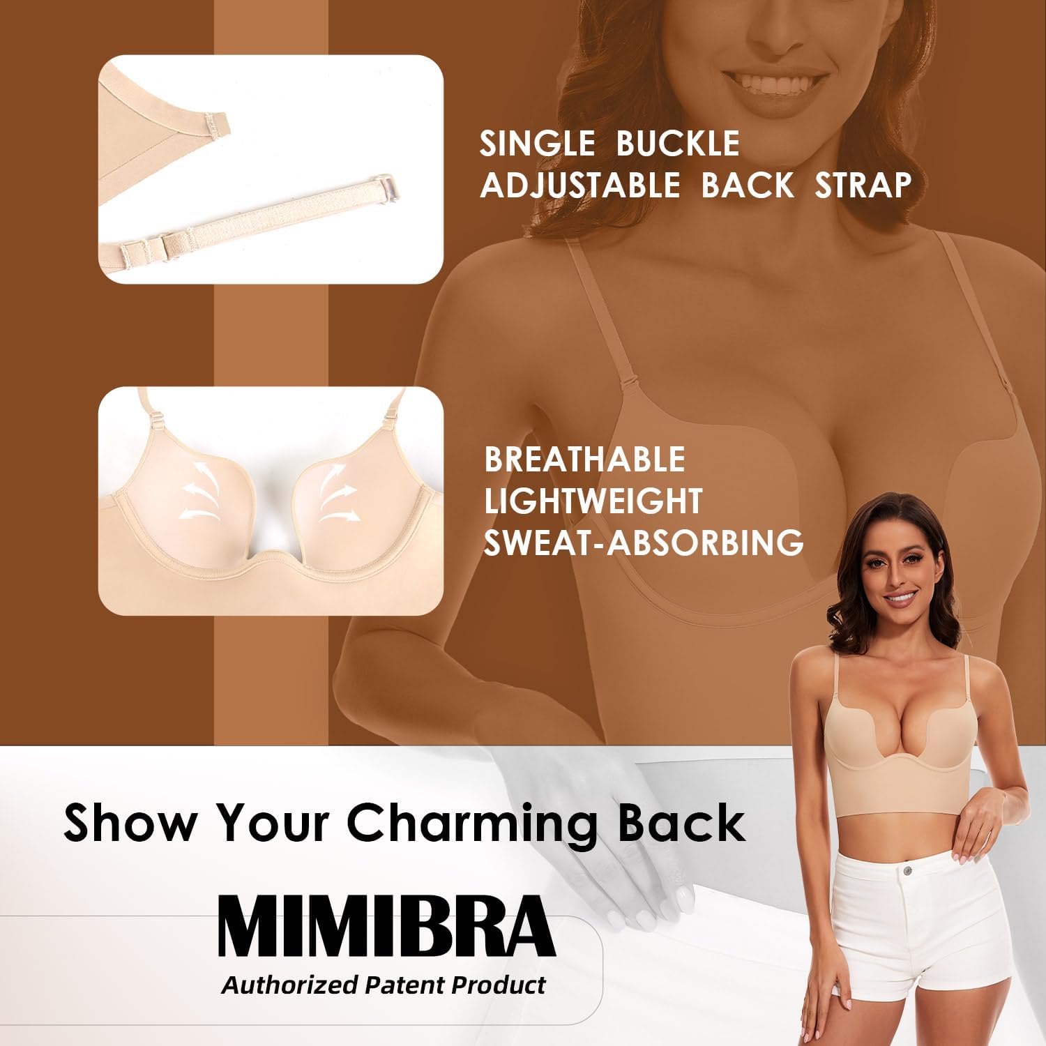 Low Back Bras for Women-Deep U Secret Plunge Invisiable Backless Bra-Lightly Lined Low Cut Open Back Multiway Bras